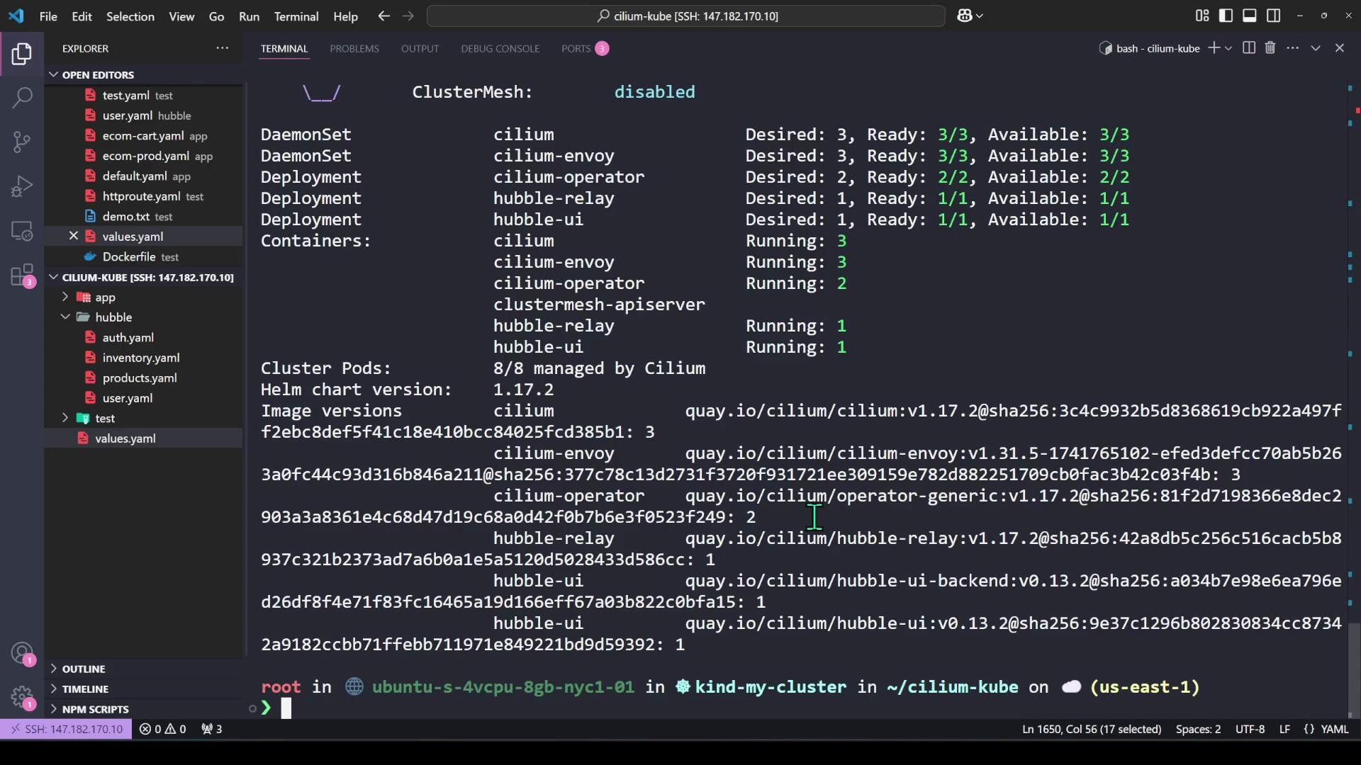 A Visual Studio Code window with the Explorer open on the left and an integrated terminal on the right displaying Cilium cluster status (ClusterMesh: disabled), pod/container counts and image versions. The sidebar shows several YAML files and a remote SSH session indicator.