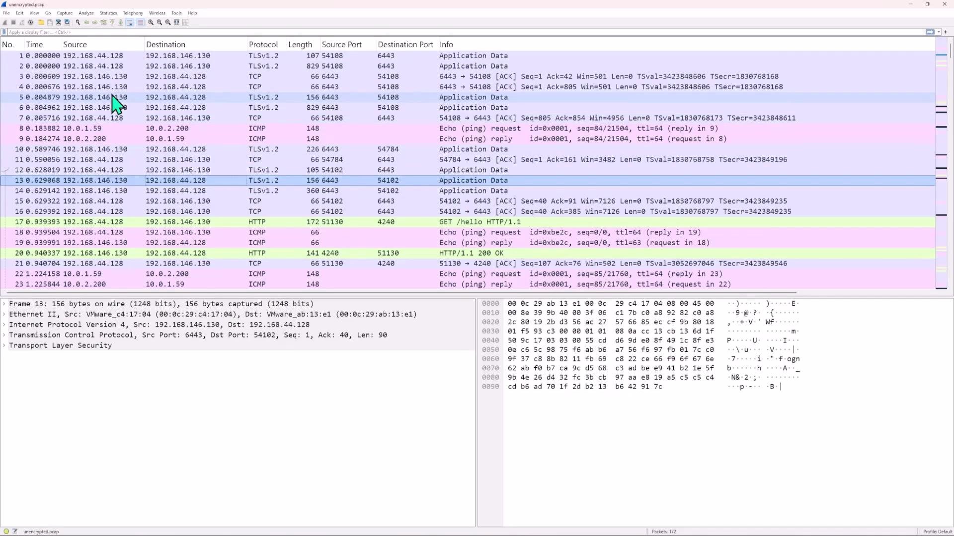 Screenshot of a Wireshark packet-capture window showing a list of network packets (TCP/TLS/HTTP/ICMP) with packet details and a hex/ASCII payload pane. A highlighted HTTP GET /hello request and various TLS and ICMP entries are visible.
