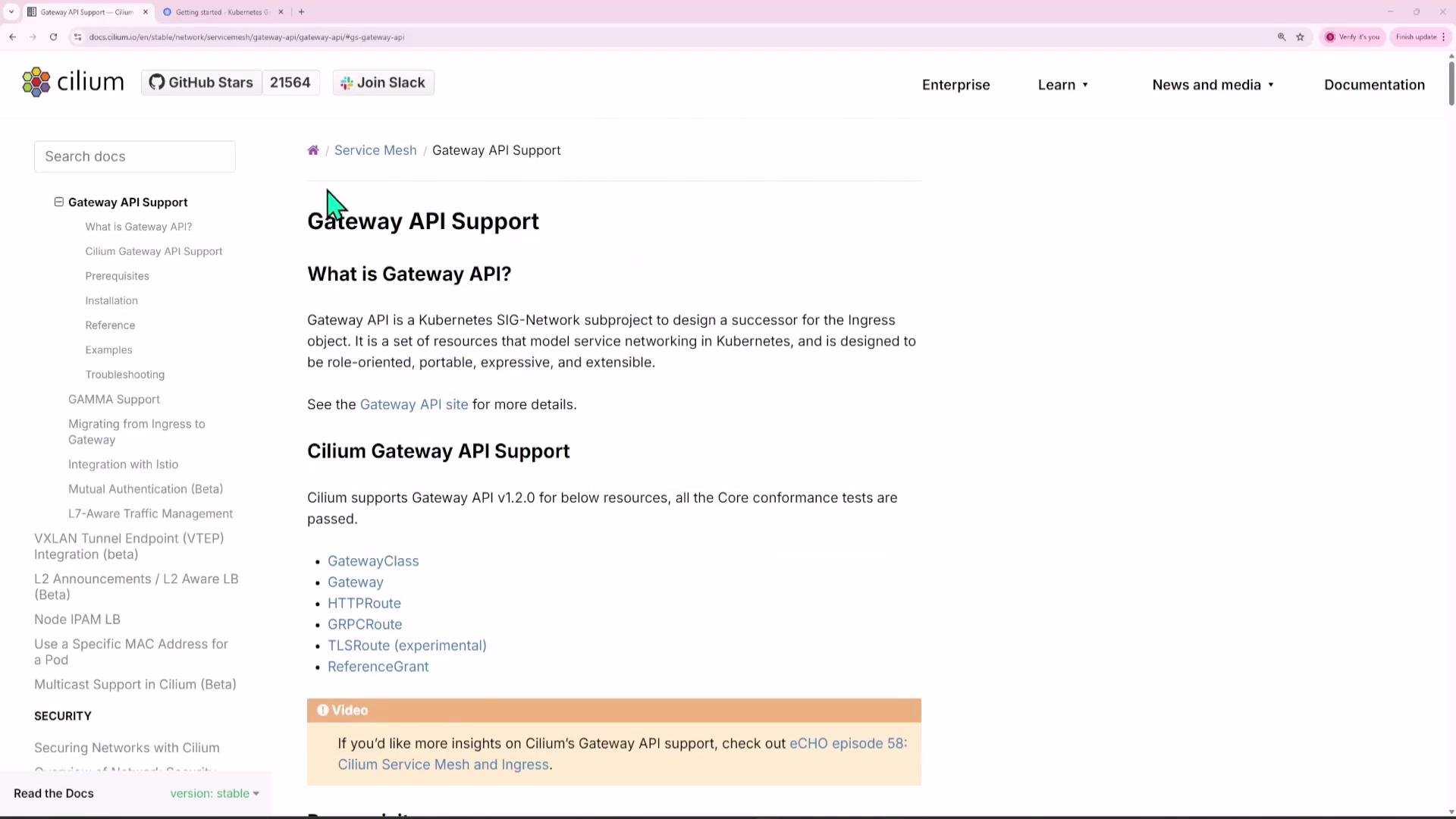 A screenshot of the Cilium documentation page titled "Gateway API Support," showing explanatory text about the Gateway API and a list of supported resources. A left-hand navigation menu with other documentation links is also visible.