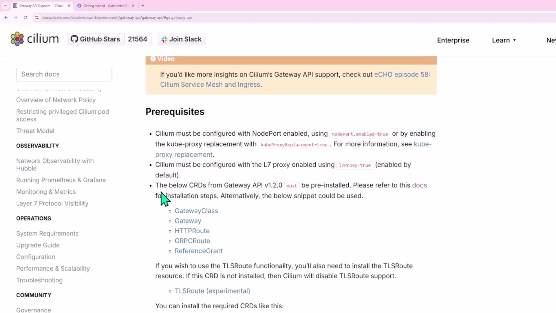A screenshot of a Cilium documentation webpage showing a "Prerequisites" section that lists configuration requirements and CRDs for the Gateway API, with a left-hand navigation menu and several links. A teal cursor arrow is visible pointing at one of the bullet points.
