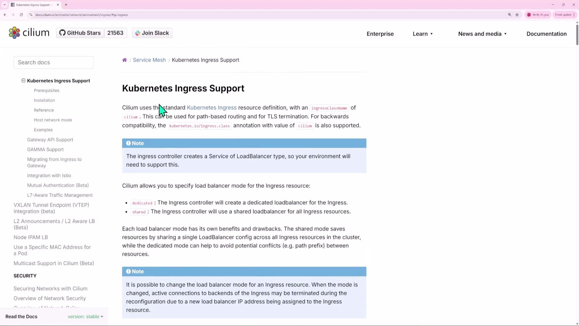 A screenshot of the Cilium documentation webpage titled "Kubernetes Ingress Support," showing a left navigation menu and the main content explaining ingress/load balancer modes. The page includes highlighted note boxes, bullet points, and the Cilium logo/header at the top.