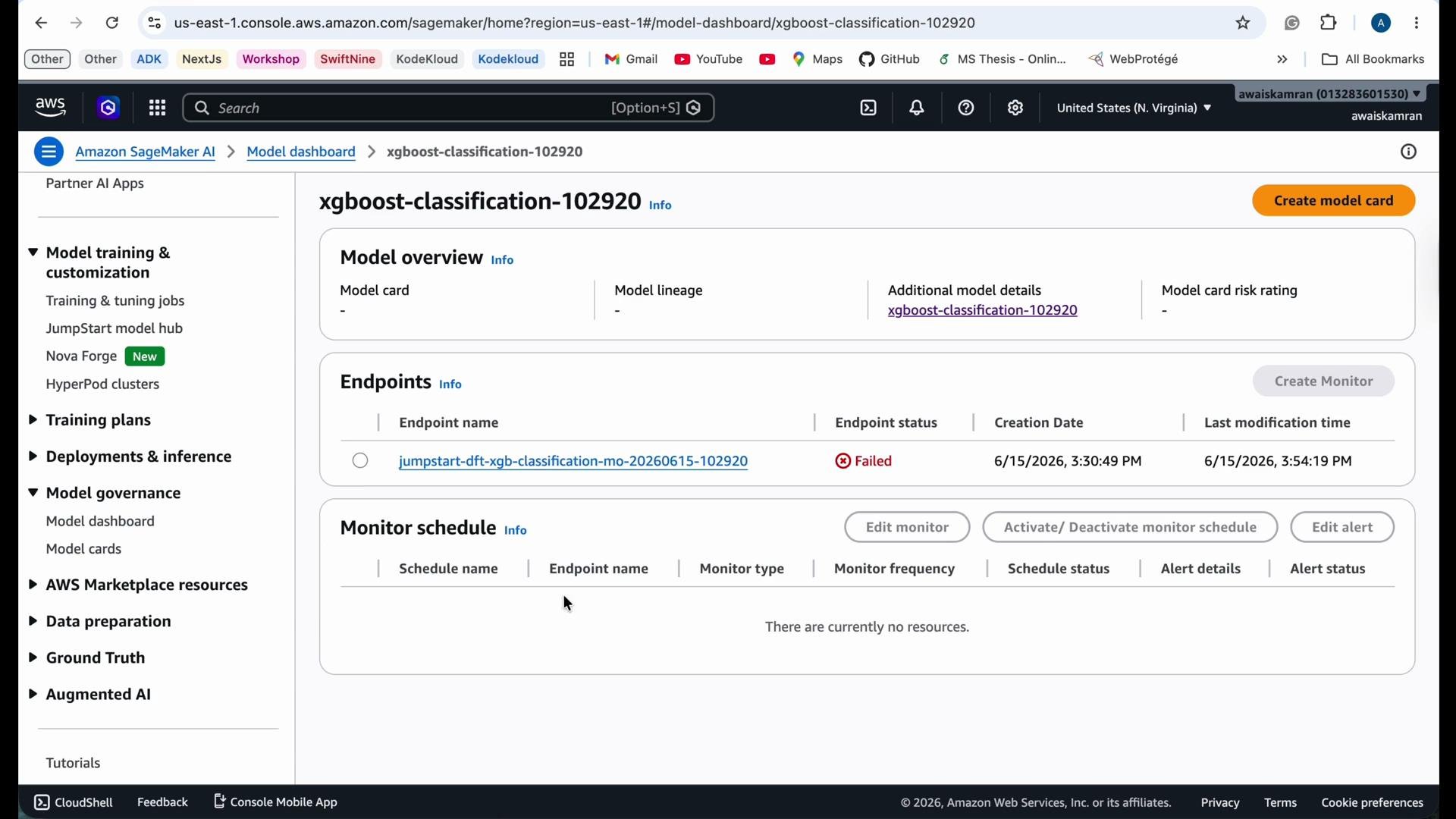 The image shows an Amazon SageMaker dashboard for a model named "xgboost-classification-102920." It includes details such as endpoints, where one endpoint has a failed status, and options for monitoring schedules.