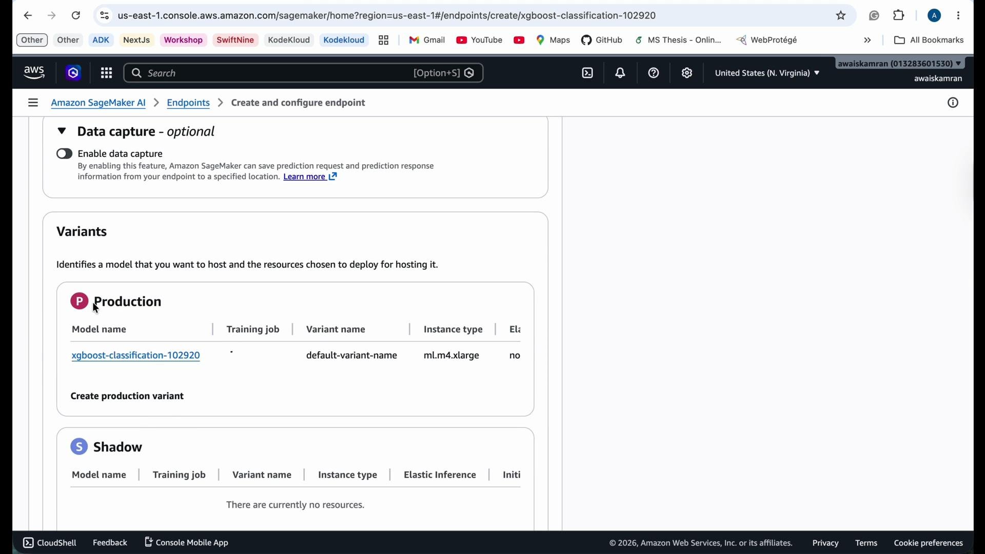 The image displays an Amazon SageMaker console screen showing the configuration of an endpoint, with a model named "xgboost-classification-102920" under the Production variant.