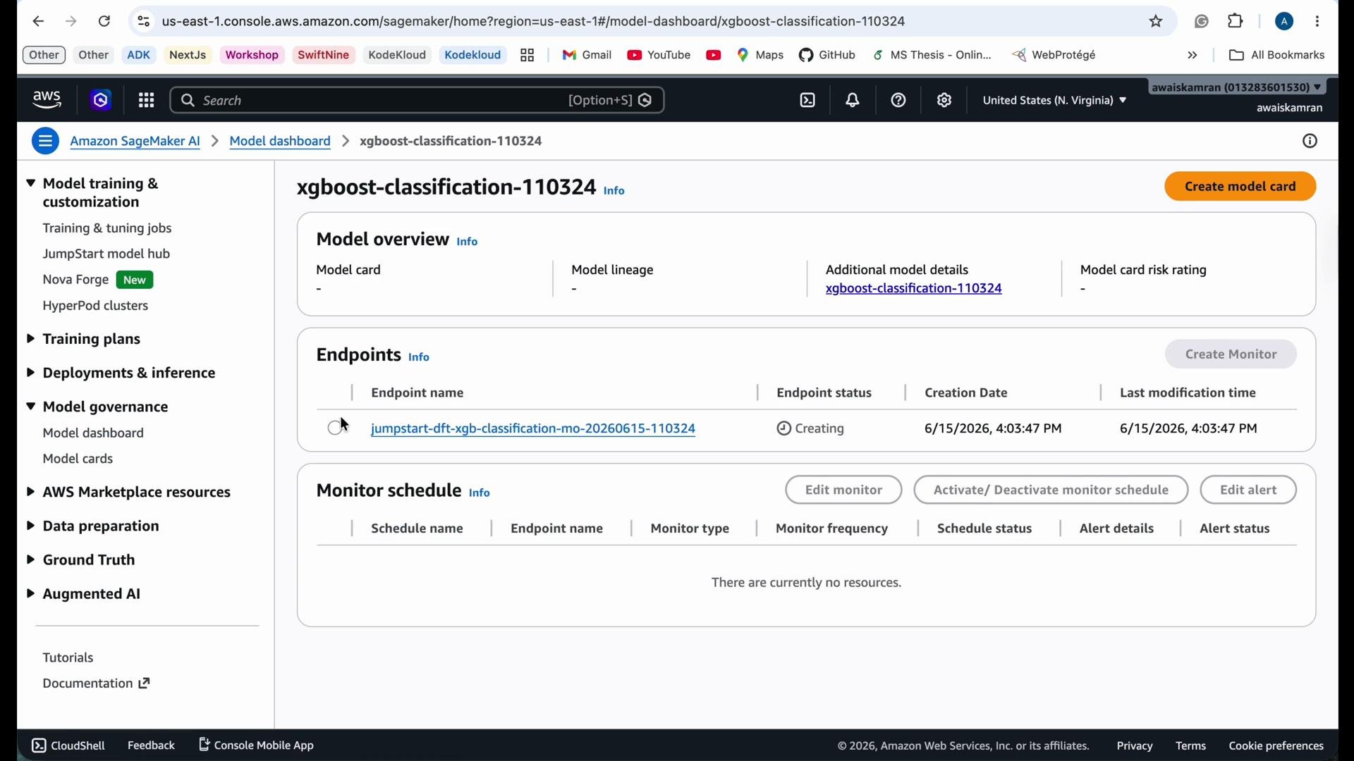 The image shows an Amazon SageMaker console dashboard displaying the details of an XGBoost classification model, including endpoints and a monitor schedule section.