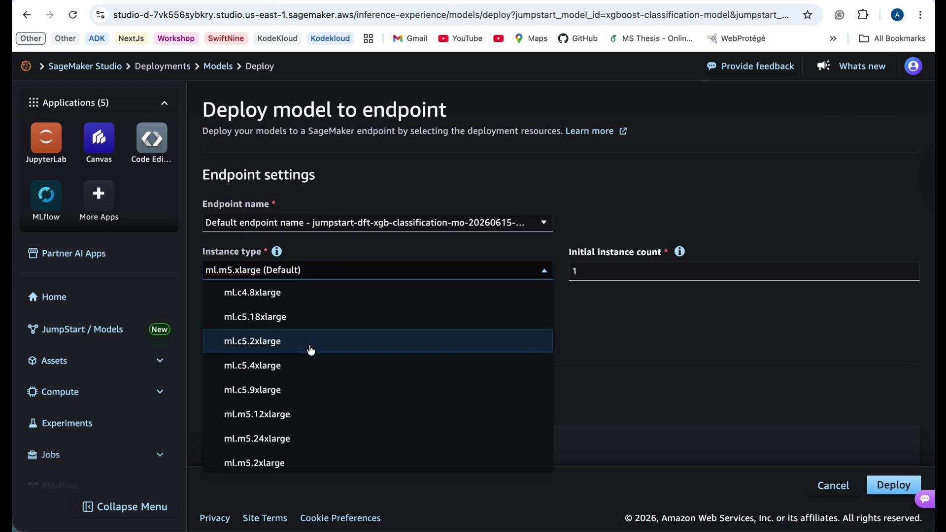 The image shows a screenshot of AWS SageMaker Studio's deployment interface, specifically the "Deploy model to endpoint" section where an instance type is being selected.