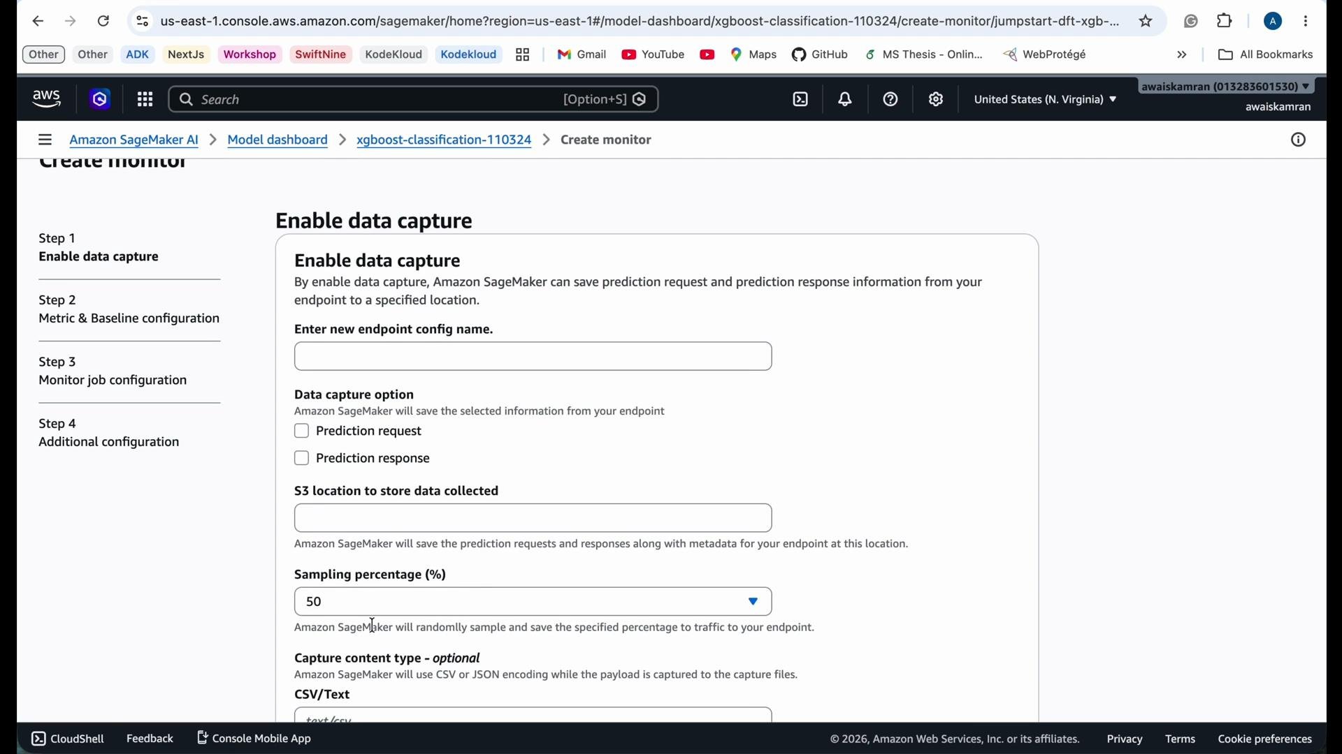 The image shows an Amazon SageMaker interface for setting up a data capture configuration. It includes options for entering an endpoint configuration name, selecting data capture for prediction requests/responses, and setting a sampling percentage.