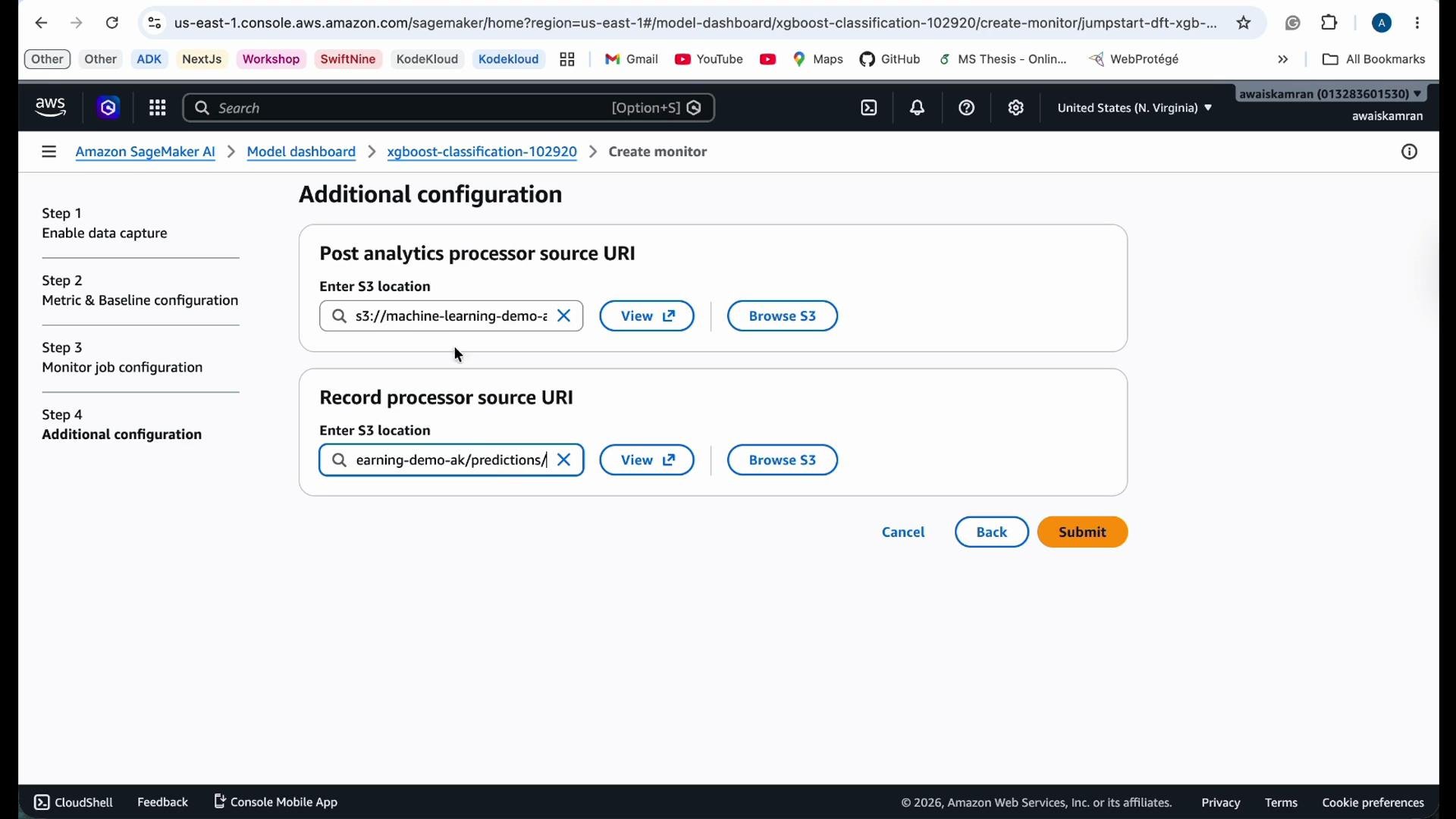 The image shows the Amazon SageMaker console, specifically the "Additional configuration" step for creating a model monitor, with fields to enter S3 locations for post analytics and record processor source URIs.