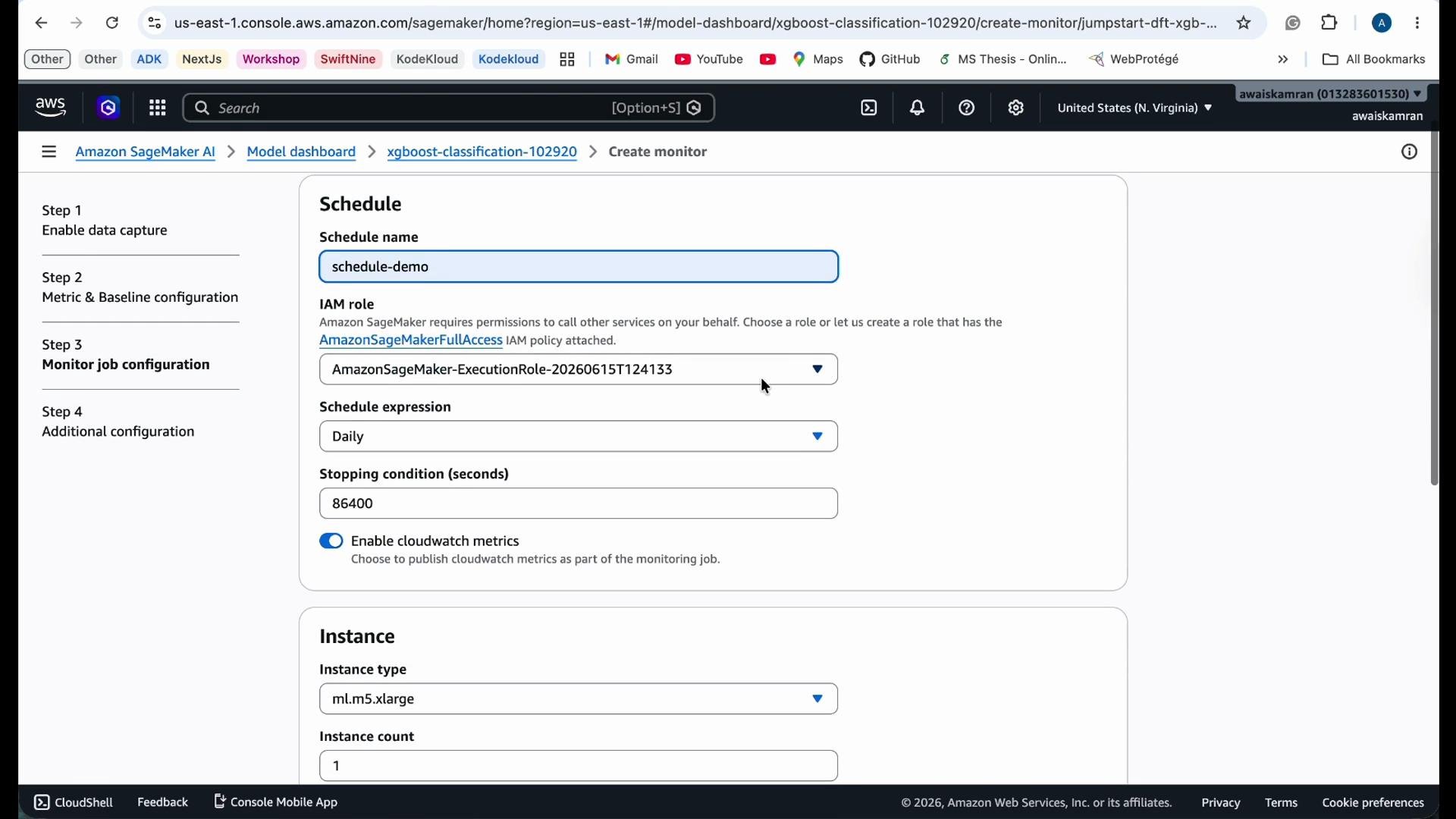 The image shows the Amazon SageMaker console, specifically the job configuration page for setting up schedule parameters like IAM role, schedule expression, stopping condition, and instance type.