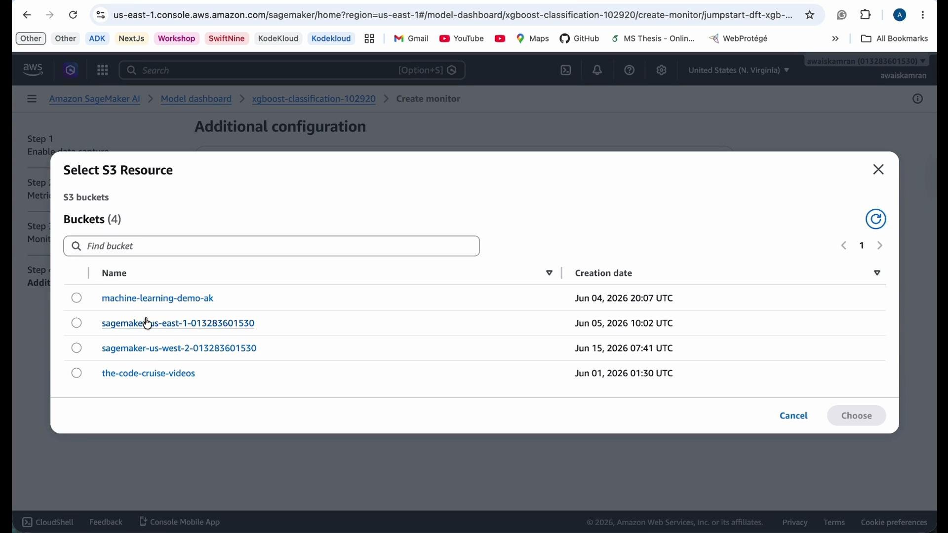 The image shows an Amazon SageMaker interface with a dialog for selecting an S3 resource. It lists several S3 buckets with their creation dates.