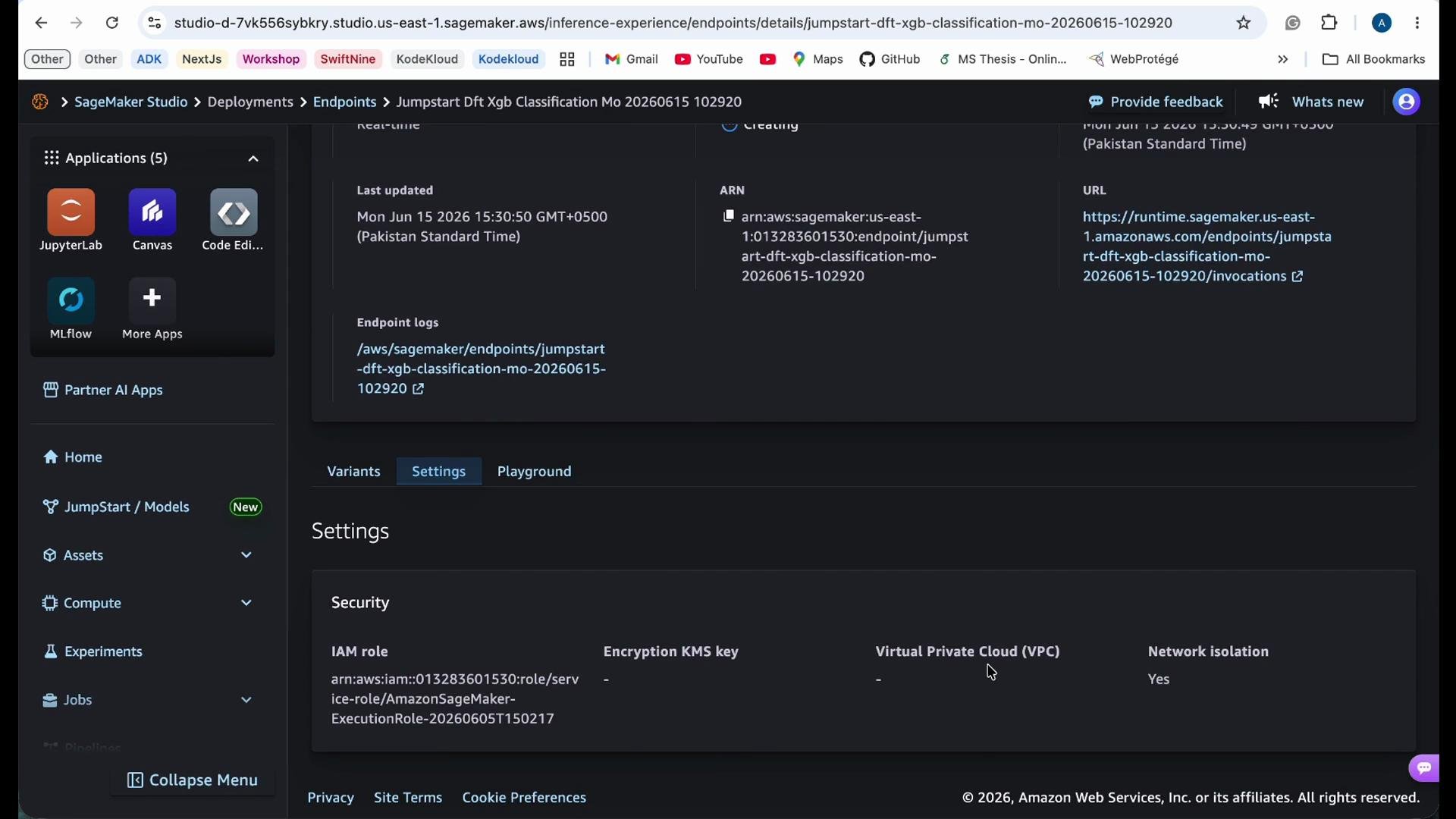 The image shows an Amazon SageMaker Studio interface, specifically displaying details of a deployed endpoint for a machine learning model, with sections for settings and security details. On the left, there are various applications like JupyterLab and MLflow listed.