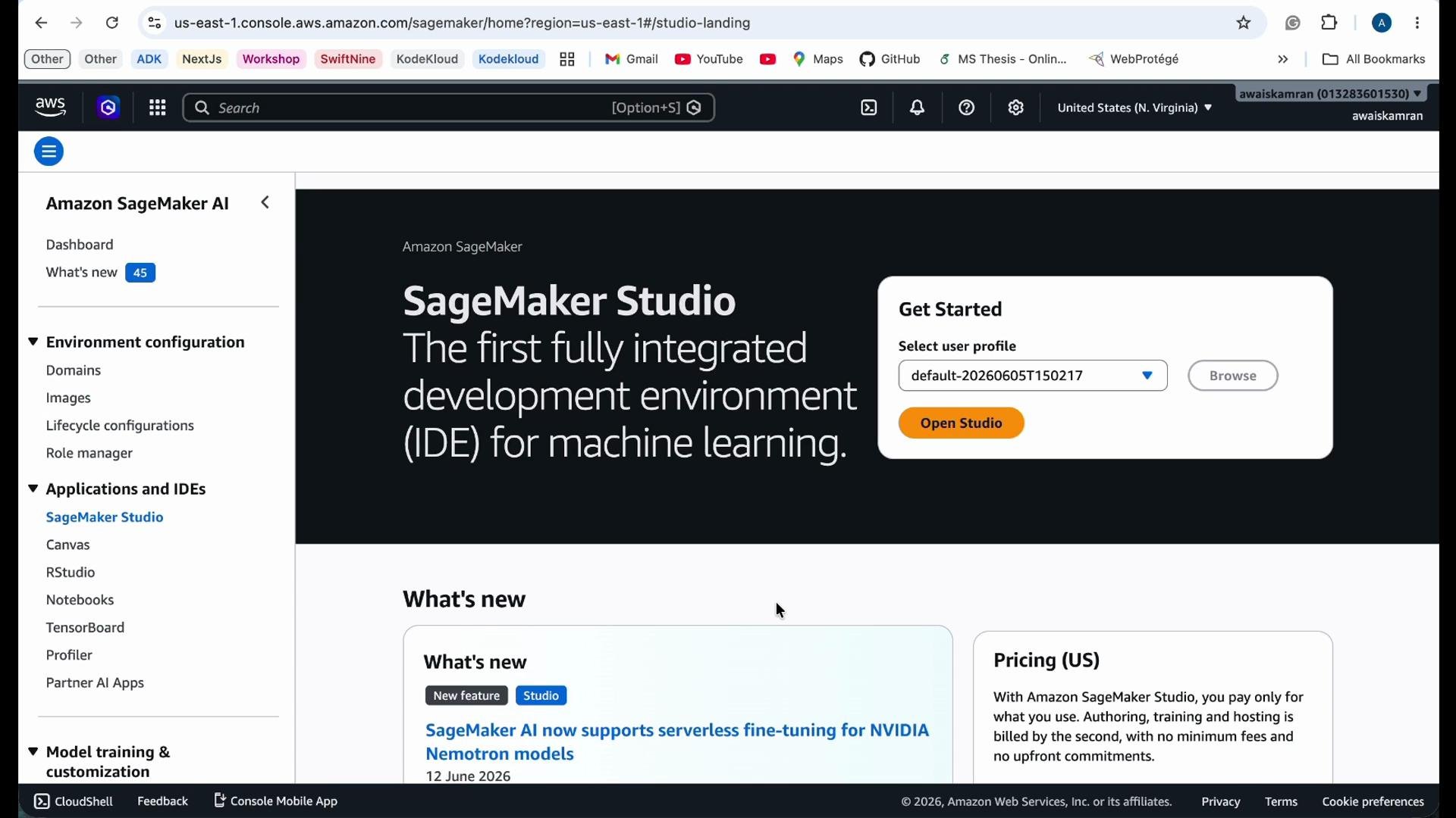 The image shows the Amazon SageMaker Studio interface, highlighting it as a fully integrated development environment for machine learning, with options to open the studio and view what's new.