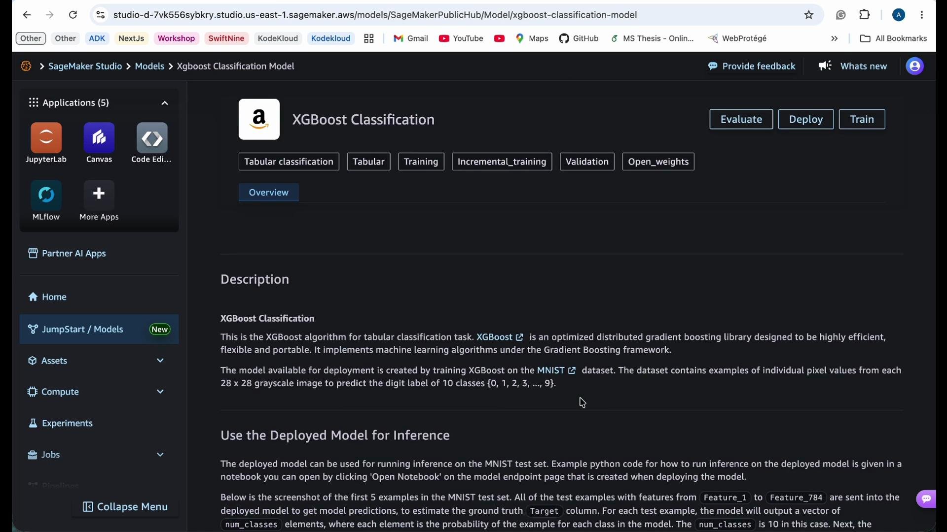 The image shows a web interface for Amazon SageMaker Studio, displaying the XGBoost Classification model with options for evaluation, deployment, and training, along with a description of the model and usage instructions.