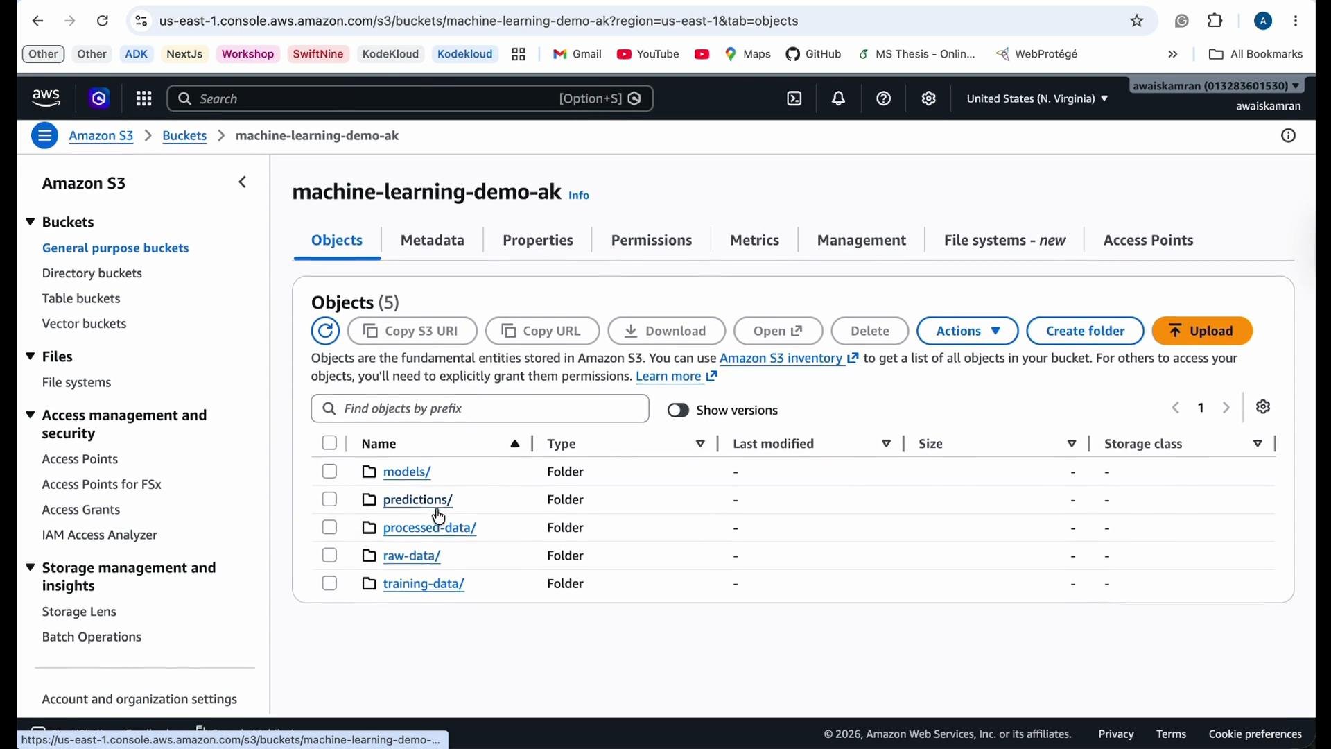 The image shows an AWS S3 bucket named "machine-learning-demo-ak" with several folders, including "models," "predictions," "processed-data," "raw-data," and "training-data," in the bucket's interface.