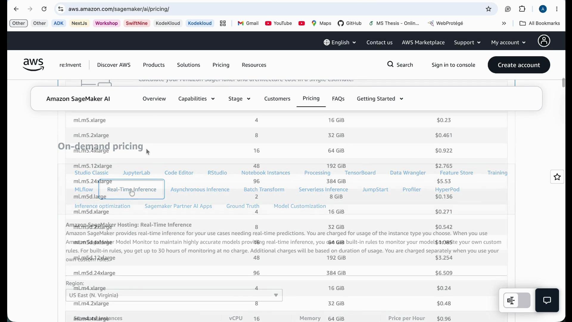 The image displays a webpage from AWS, specifically the pricing details for Amazon SageMaker AI, showing on-demand pricing for different instance types and their respective costs.