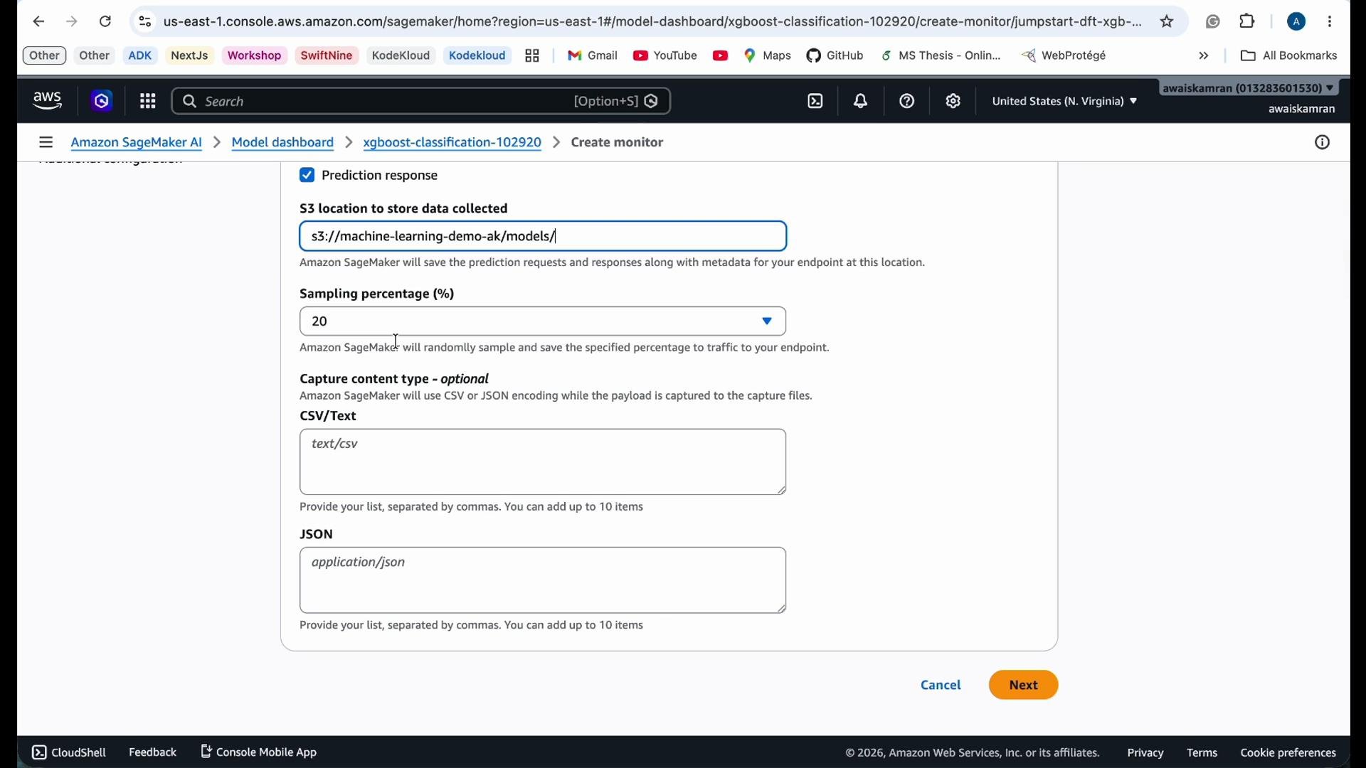 This image shows a setup screen from the AWS SageMaker console, where the user is configuring prediction data collection settings, including S3 storage location and sampling percentage.