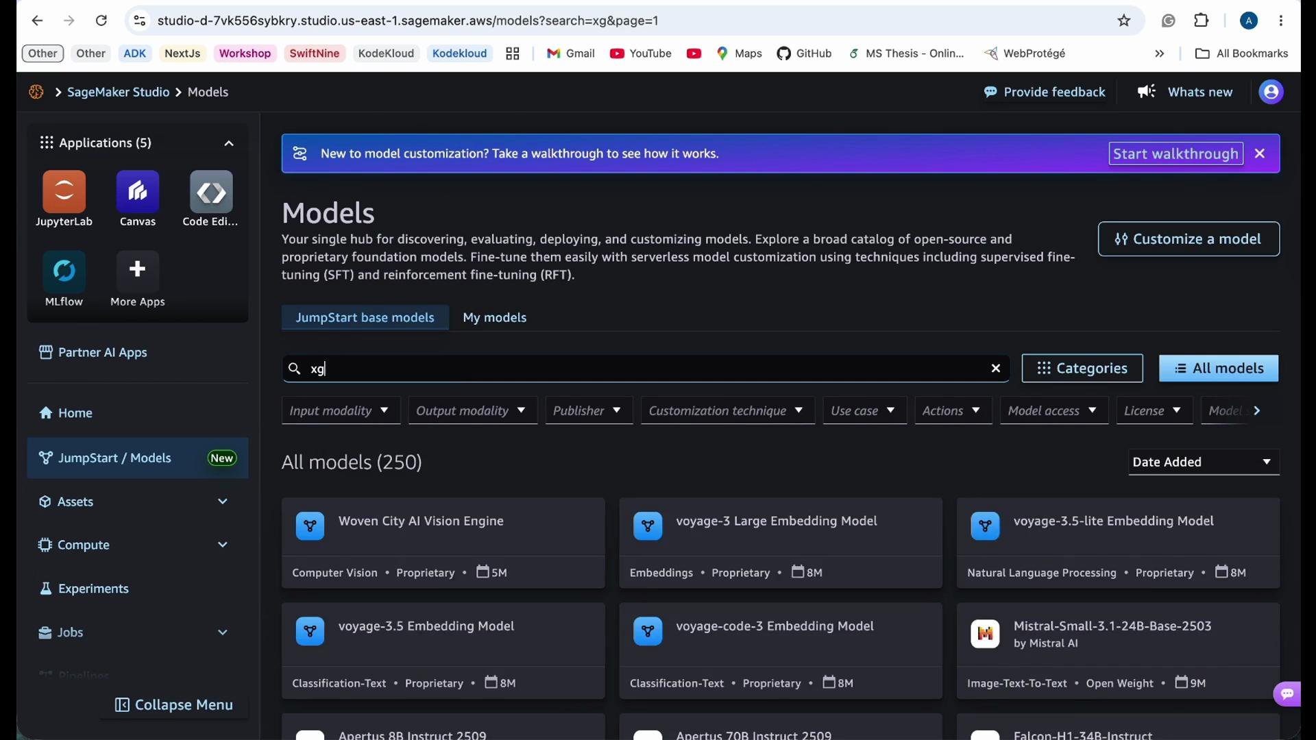 The image shows the AWS SageMaker Studio interface, specifically the "Models" section, where various machine learning models are displayed. There is a search bar and options to filter models by different criteria like input modality, publisher, and use case.
