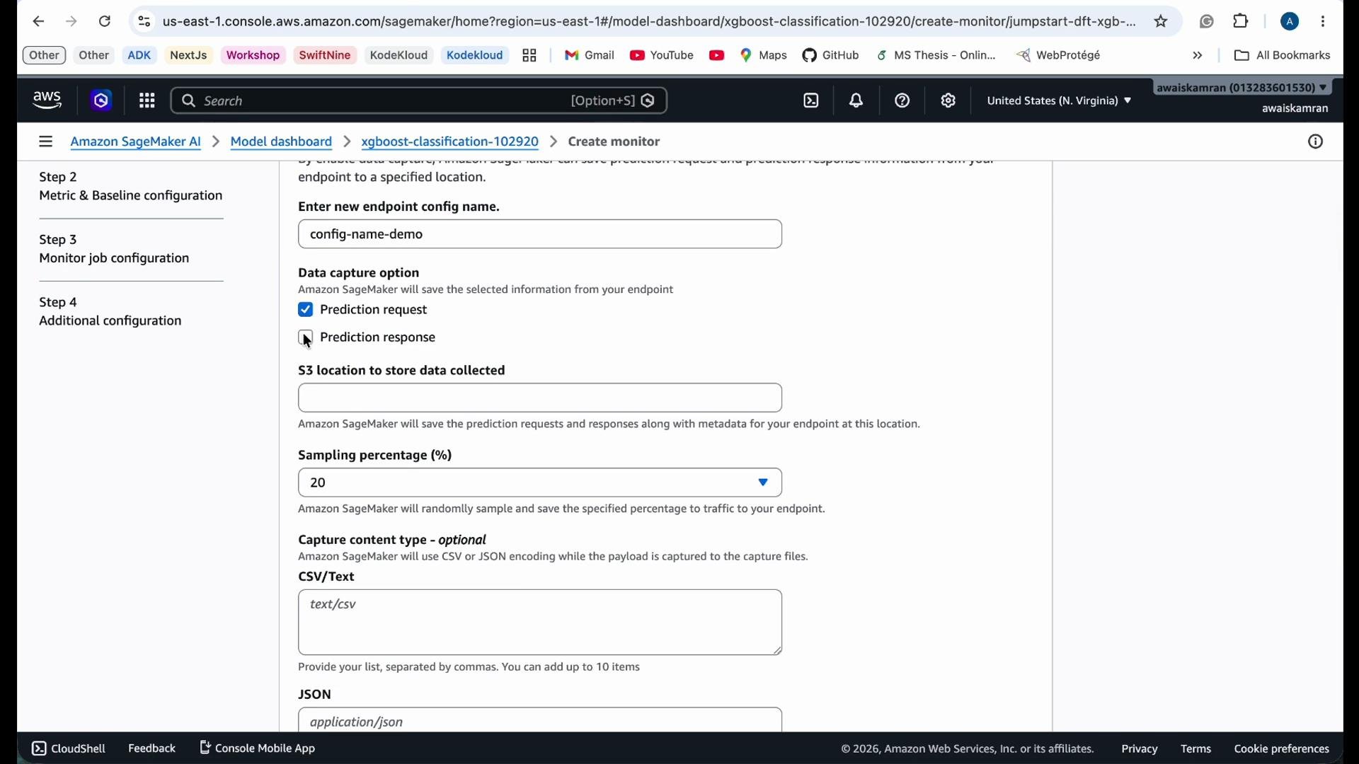 The image shows a configuration screen on the Amazon SageMaker console for creating a monitoring endpoint. It includes fields for endpoint configuration, data capture options, S3 storage location, and sampling percentage settings.