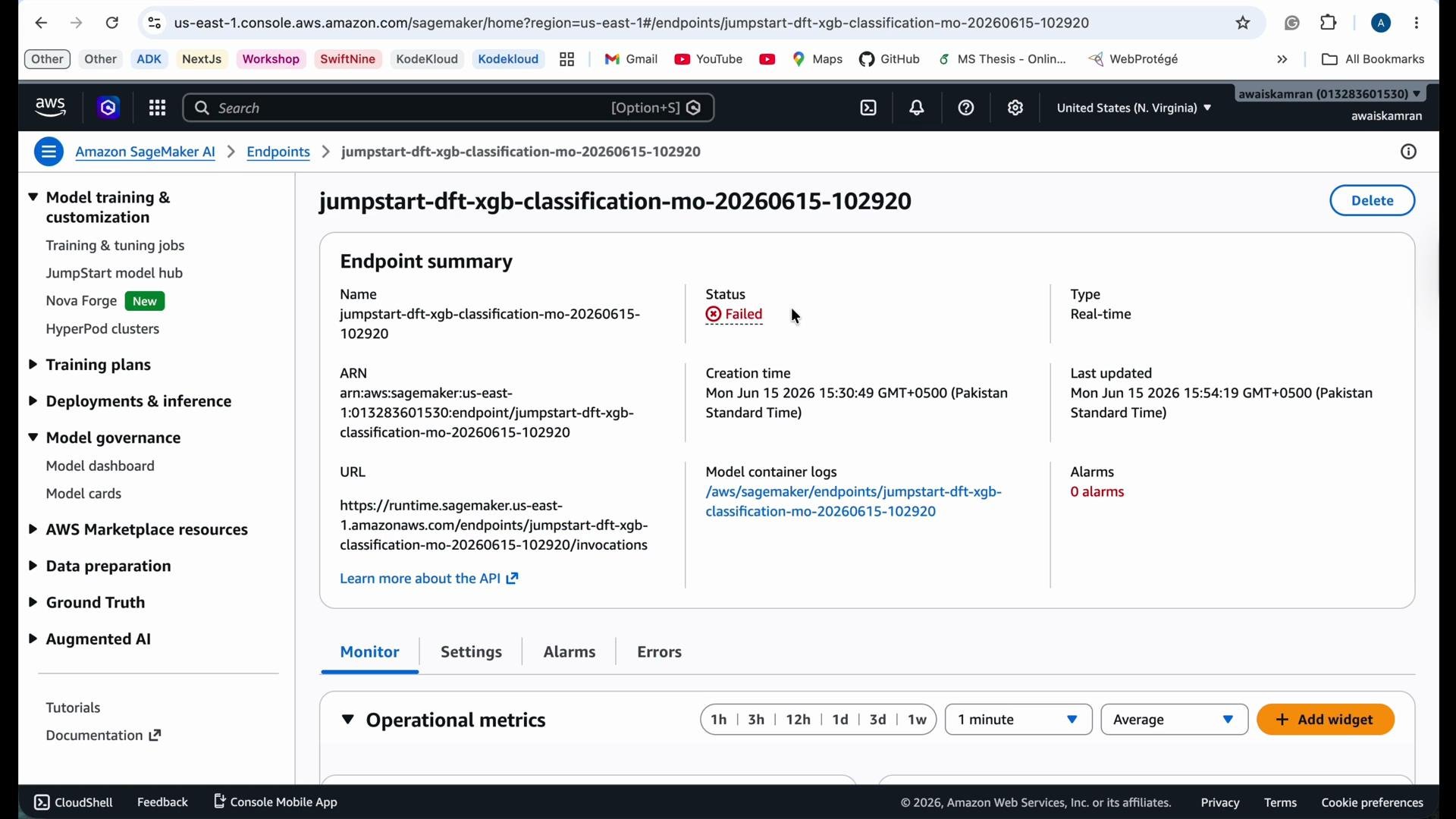 The image shows an Amazon SageMaker console with a failed endpoint summary for a real-time machine learning model named "jumpstart-dft-xgb-classification-mo-20260615-102920." The status is marked as "Failed," and there are options for monitoring and managing the endpoint.