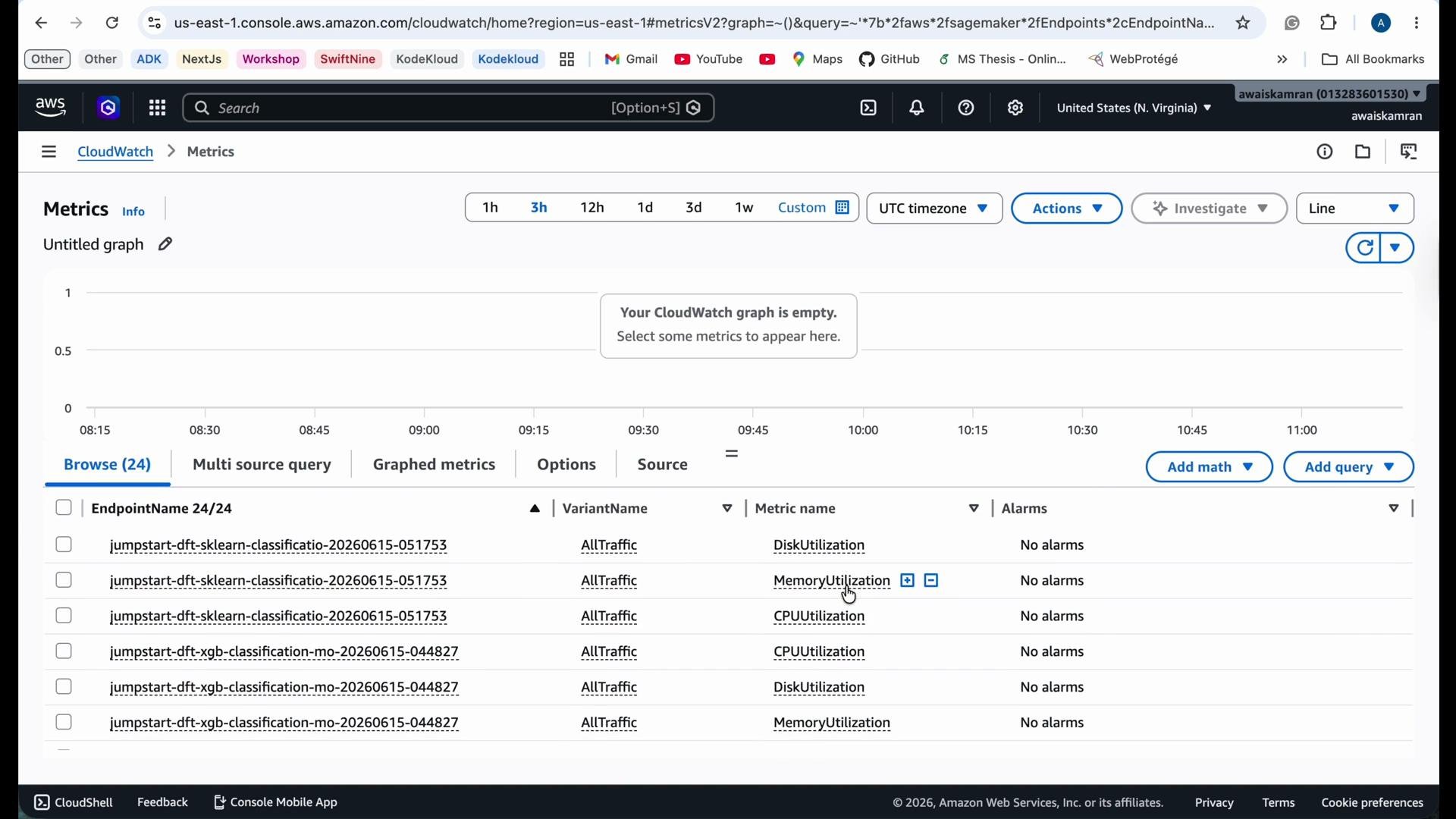 The image is a screenshot of the AWS CloudWatch Metrics dashboard showing an empty graph with options to select different metrics like DiskUtilization, MemoryUtilization, and CPUUtilization for various endpoints.