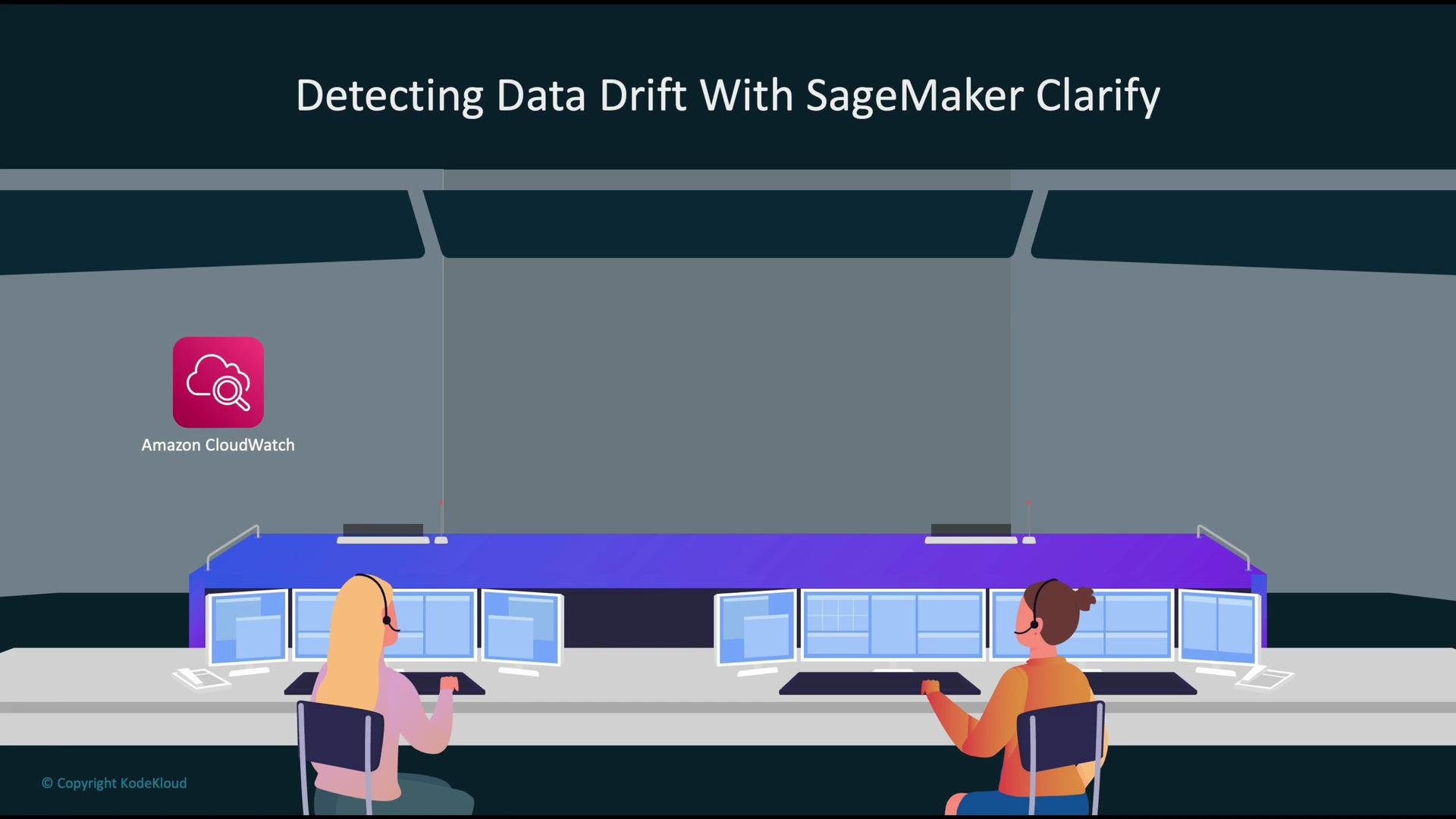 The image shows two people at a control center with multiple monitors, under the heading "Detecting Data Drift With SageMaker Clarify," and features an Amazon CloudWatch logo.
