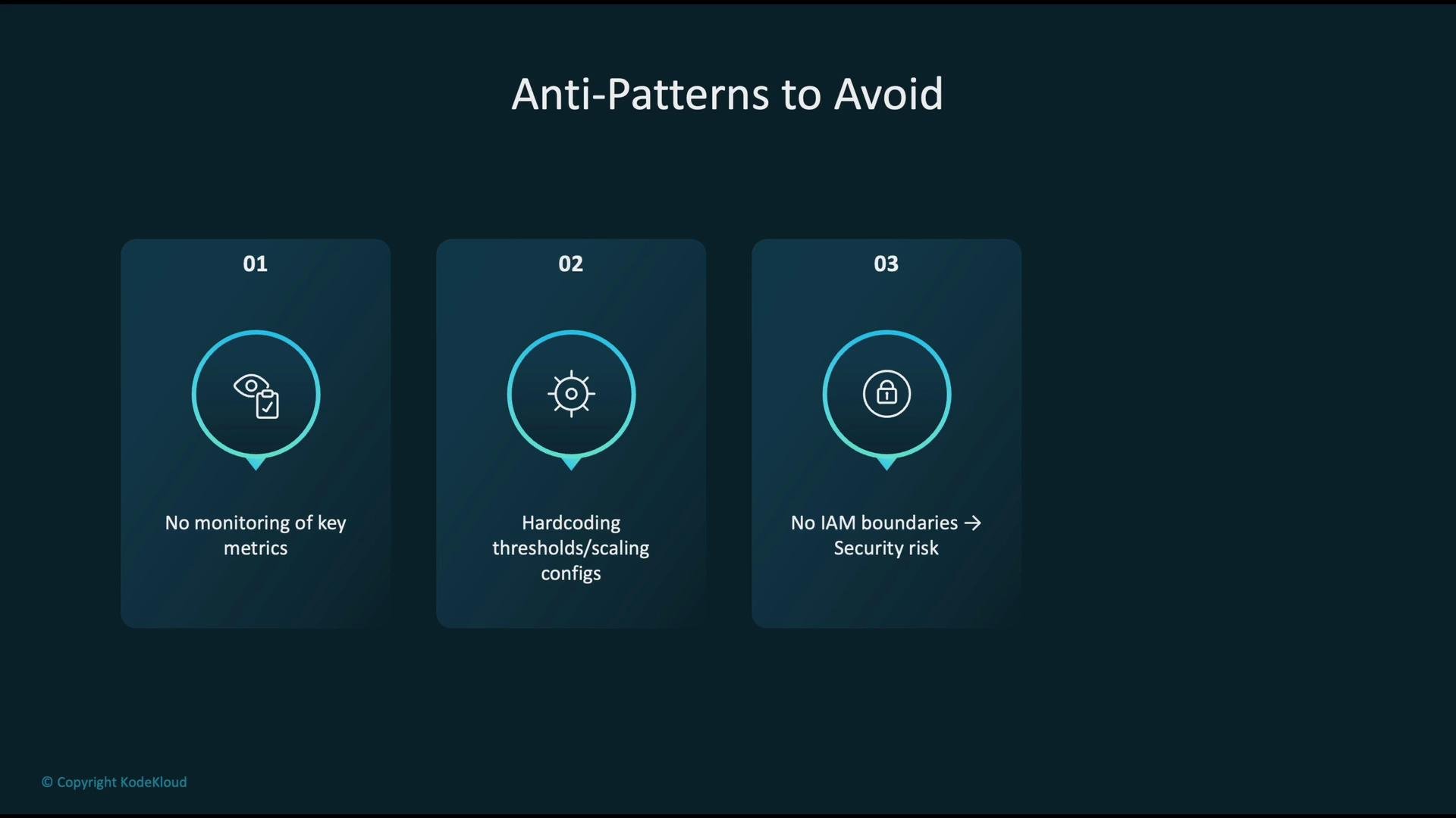 The image lists three anti-patterns to avoid: no monitoring of key metrics, hardcoding thresholds or scaling configurations, and lacking IAM boundaries which pose a security risk.
