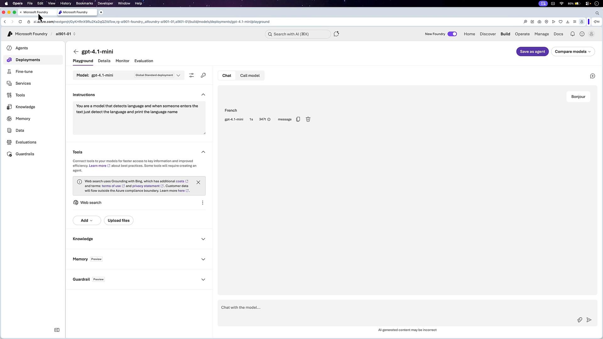 A screenshot of the Microsoft Foundry/Azure AI playground showing the gpt-4.1-mini deployment UI with instructions and tools on the left. The chat pane on the right shows the message "Bonjour" and a detected language label "French."