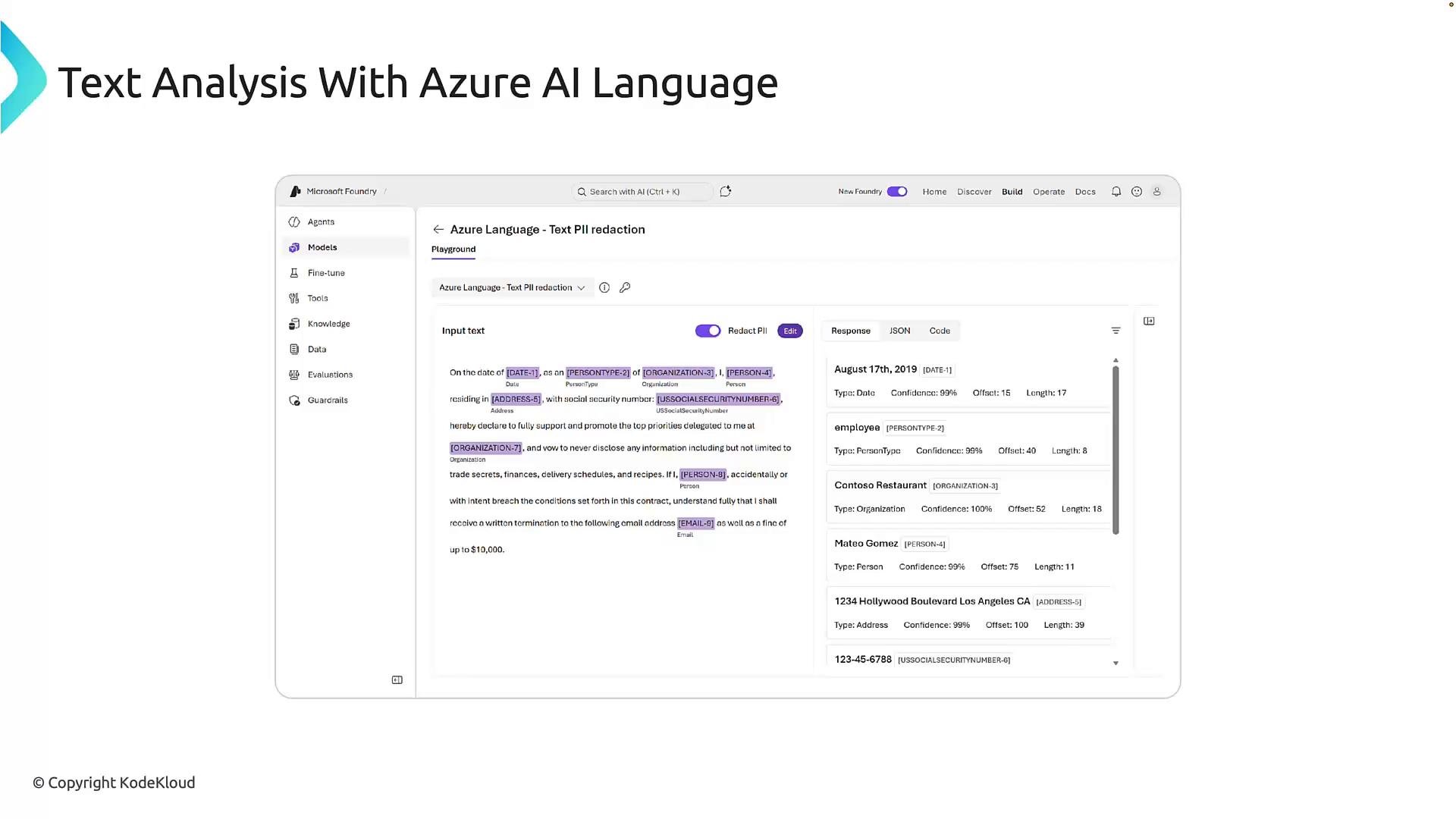 A screenshot of an Azure AI Language web UI titled "Text Analysis With Azure AI Language," showing a "Text PII redaction" playground. The interface highlights detected PII in sample text (dates, names, organizations, addresses, SSNs) and lists extraction results in a sidebar.