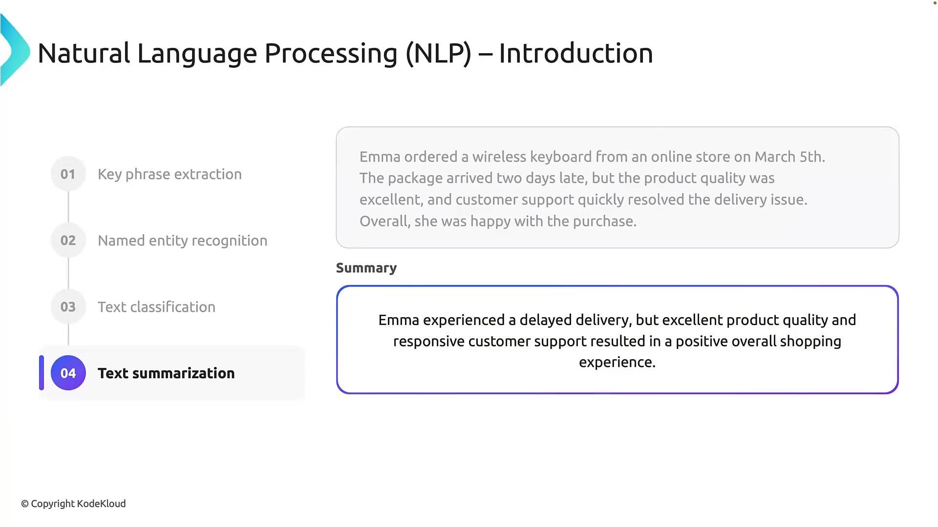 A presentation slide titled "Natural Language Processing (NLP) – Introduction" listing steps like key phrase extraction, named entity recognition, text classification, and highlighted text summarization. The right side shows a sample about Emma’s delayed wireless keyboard delivery and a summary noting the good product quality and responsive customer support.