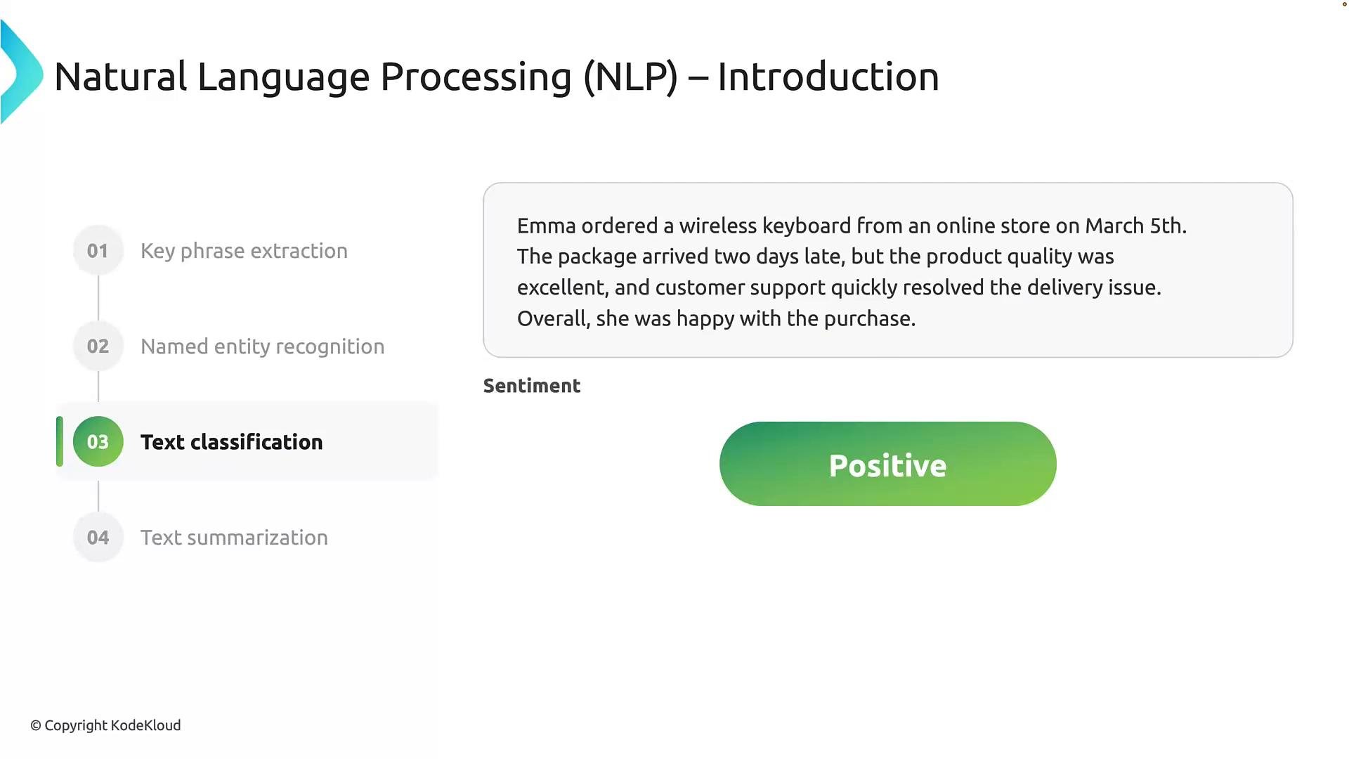 A slide titled "Natural Language Processing (NLP) – Introduction" showing tasks like key phrase extraction, named entity recognition, text classification (highlighted), and text summarization. A sample customer review about a wireless keyboard is displayed in a textbox with the sentiment labeled "Positive" on a green badge.