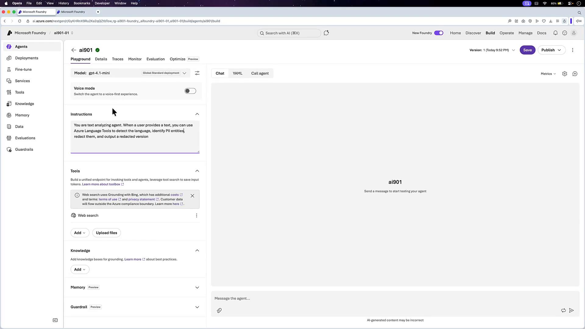 A screenshot of the Microsoft Foundry/Azure AI agent Playground for an agent named "ai901." The left column shows model settings, instructions and tools, while the right side is a large empty chat/testing pane.