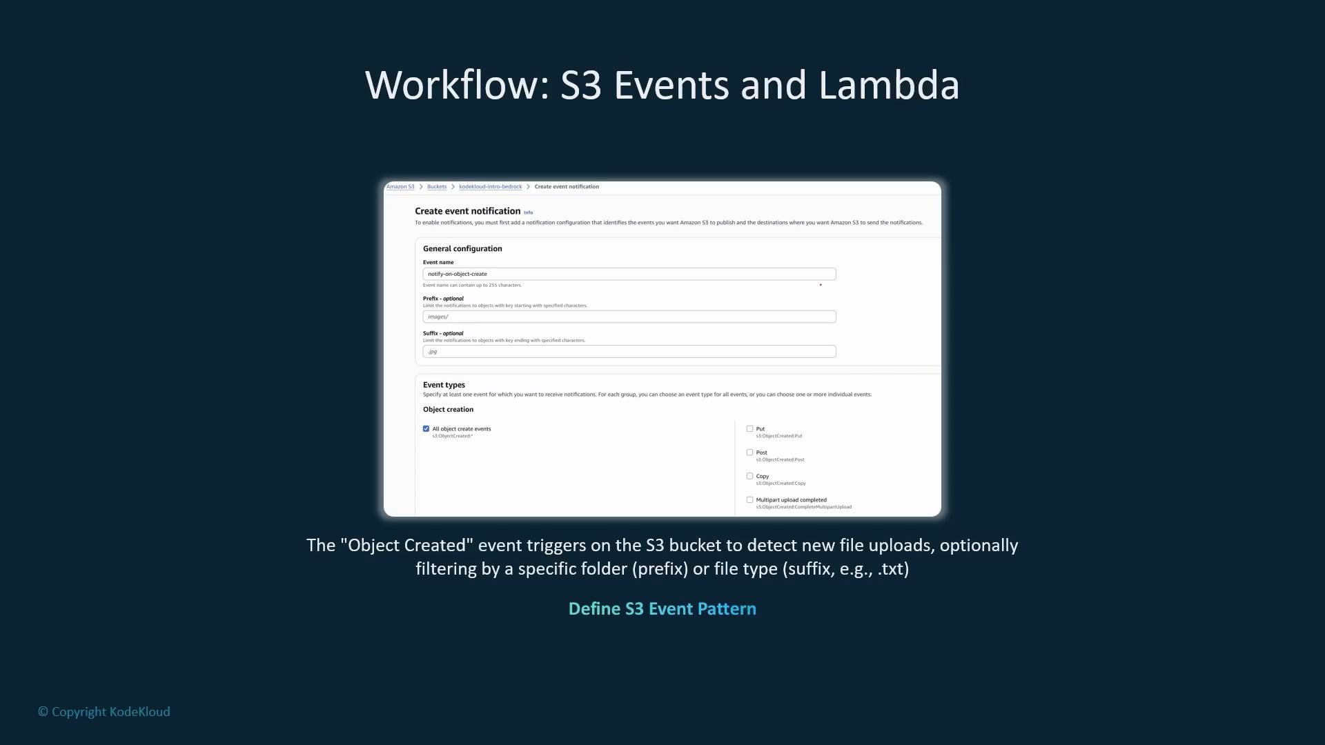 A presentation slide titled "Workflow: S3 Events and Lambda" showing an AWS S3 "Create event notification" configuration screen. The caption explains that the "Object Created" event triggers on an S3 bucket to detect new file uploads, optionally filtered by prefix or suffix.