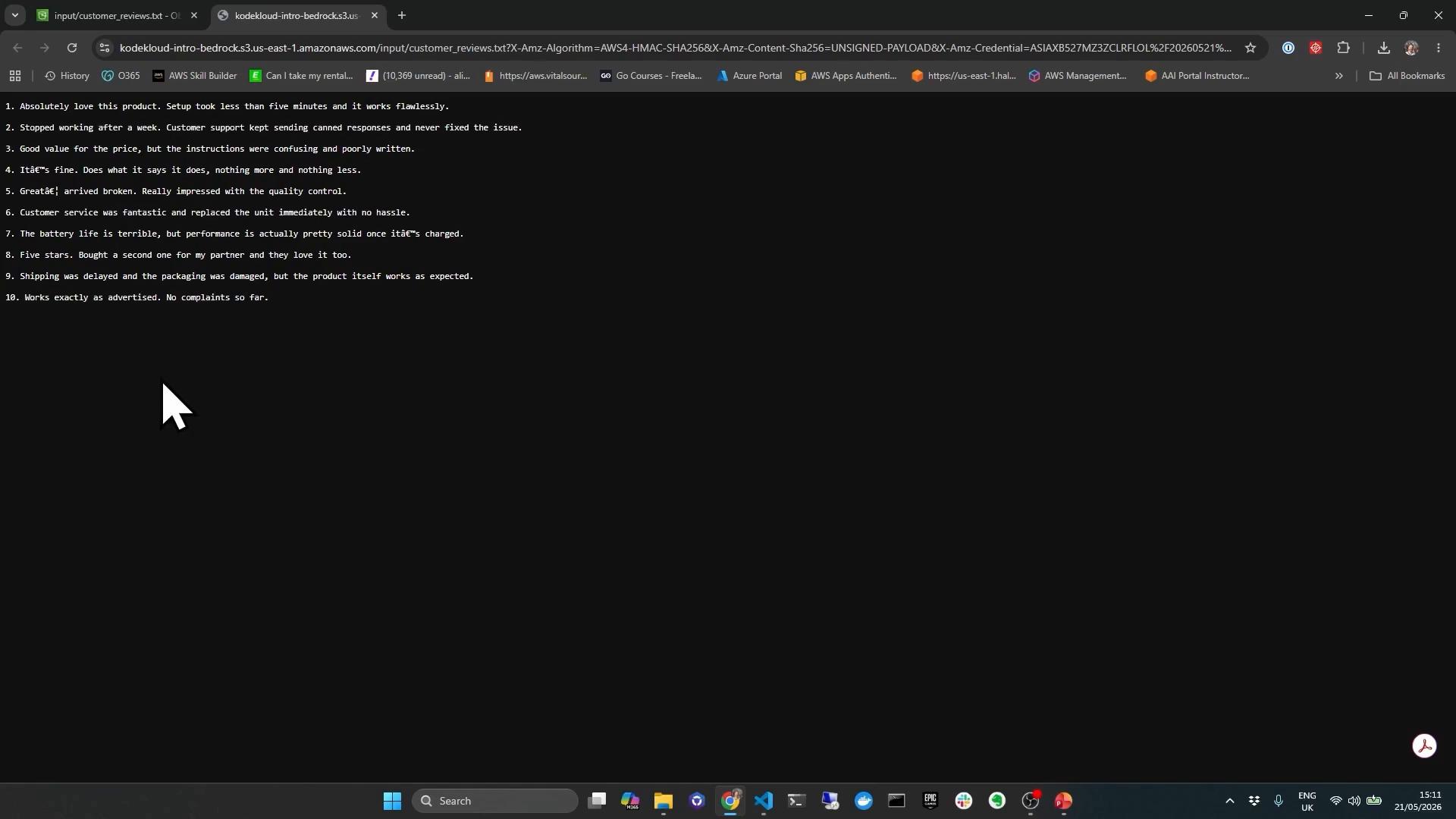 A dark-themed computer screen showing a text file of ten numbered customer reviews, with a large white mouse cursor visible near the left. The reviews are short praise/complaint lines about a product.
