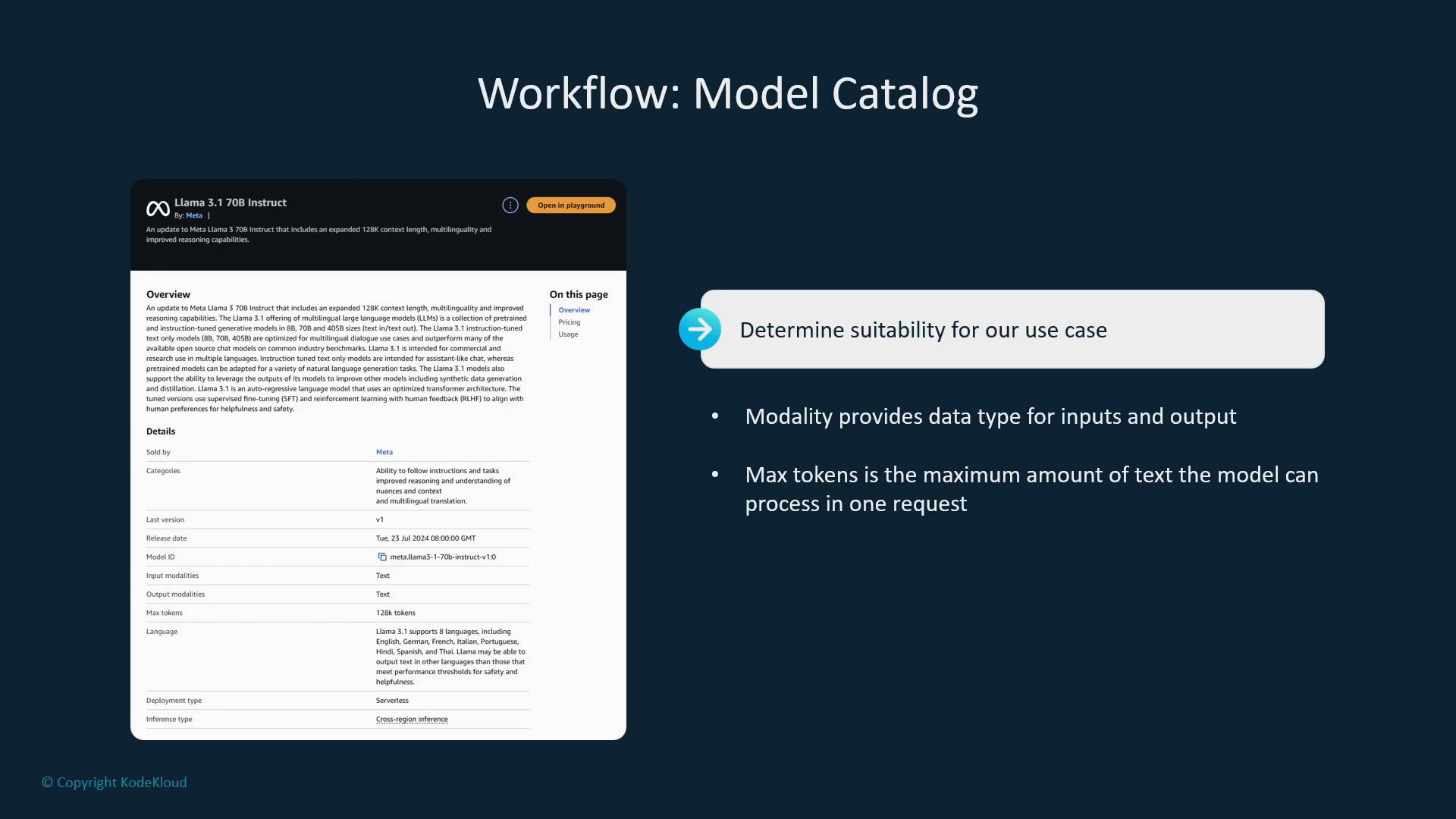 A presentation slide titled "Workflow: Model Catalog" showing a screenshot of a Llama 3.1 70B Instruct model page on the left and a callout on the right that reads "Determine suitability for our use case" with bullets about modality and max tokens. The slide summarizes checking a model's input/output data types and token limits.