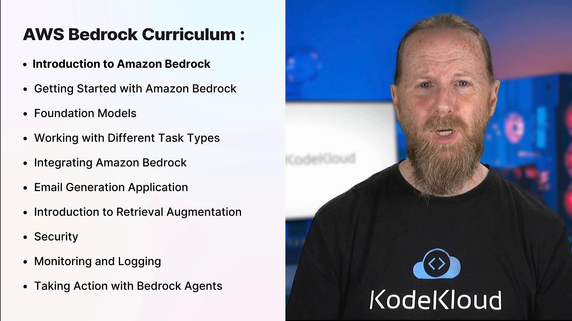 A split-screen slide: the left side lists an "AWS Bedrock Curriculum" with bullet points, and the right side shows a bearded man speaking while wearing a KodeKloud t-shirt.