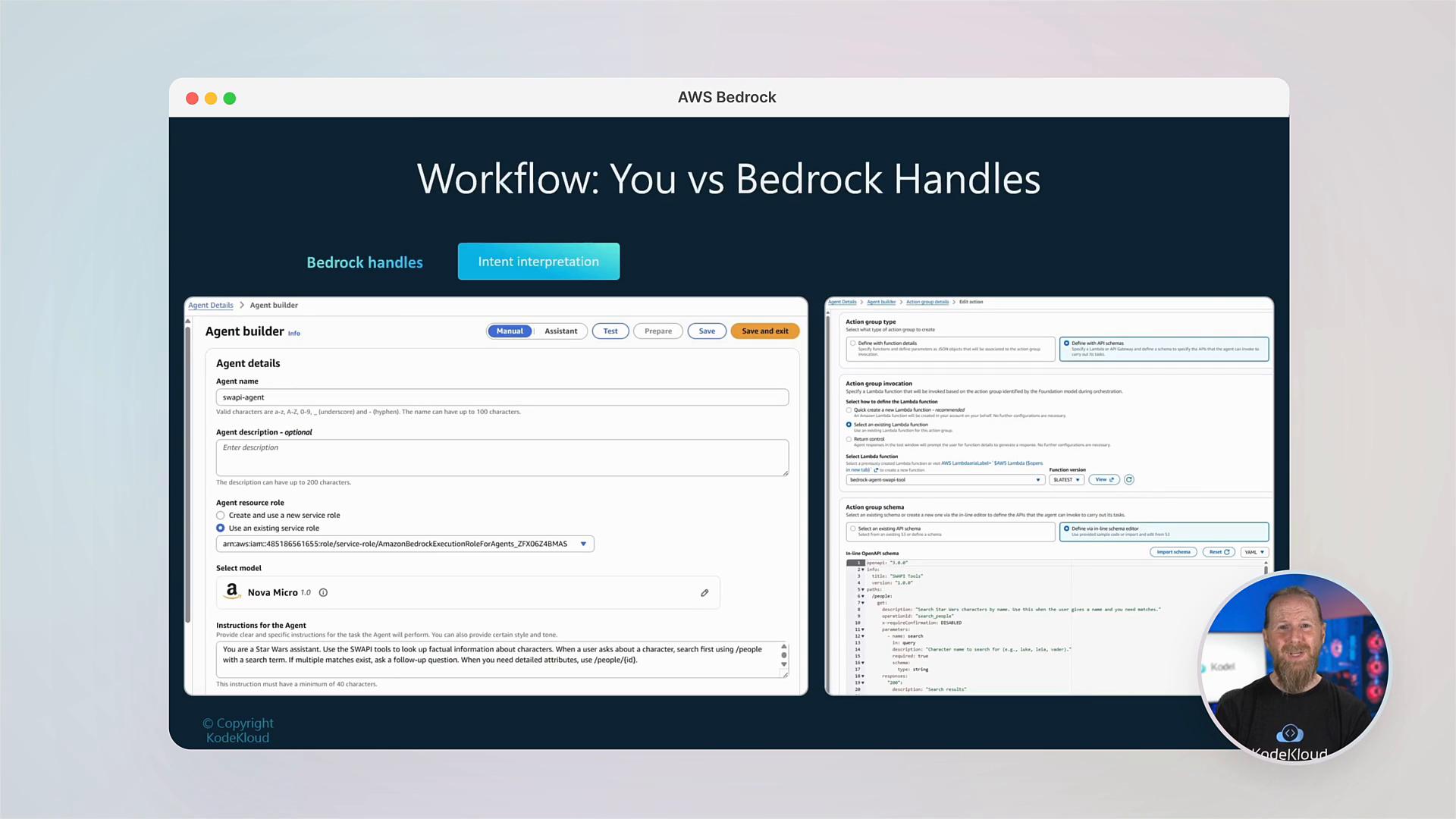 A screenshot of an AWS Bedrock interface titled "Workflow: You vs Bedrock Handles," showing Agent builder and action group configuration panels. A small circular photo of a smiling man is overlaid in the bottom-right corner.
