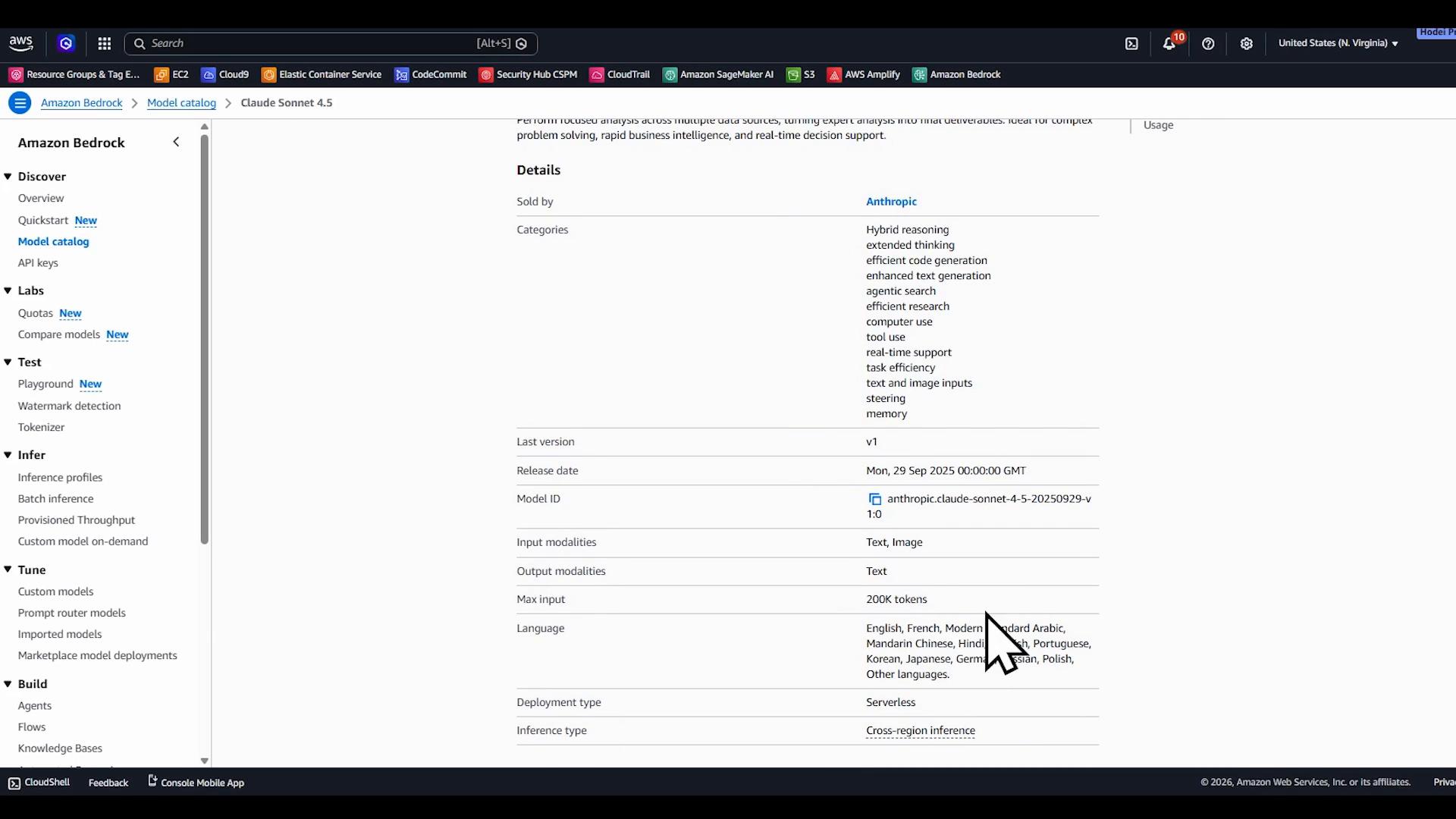 A screenshot of the Amazon Bedrock web console showing the Model catalog page for Anthropic's "Claude Sonnet 4.5" with a details table listing categories, input/output modalities, max input, and supported languages. The left sidebar navigation (Discover, Labs, Test, Infer, Tune) is visible and a large cursor arrow points at the details.
