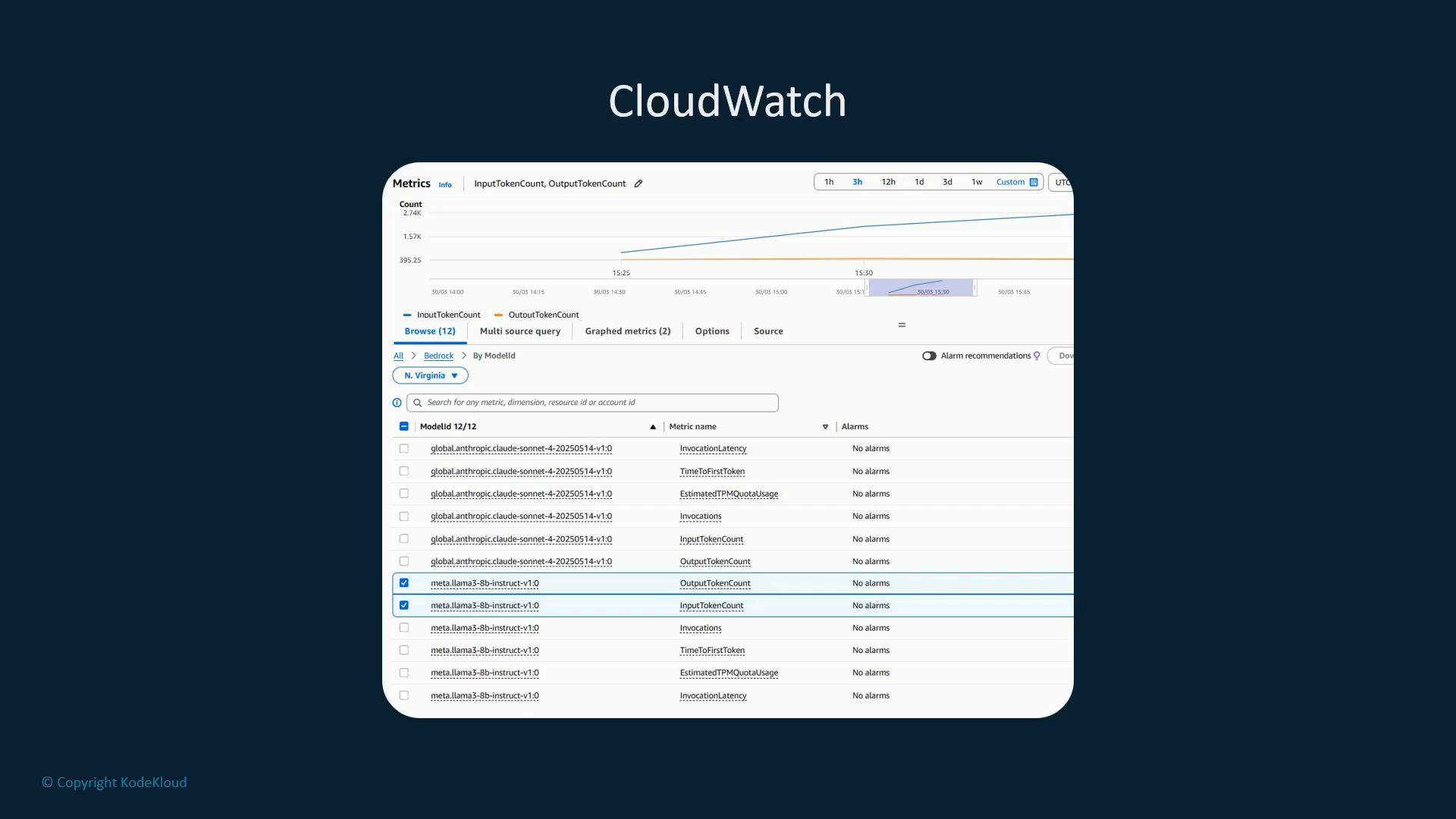 A screenshot of an AWS CloudWatch metrics dashboard showing graphed InputTokenCount and OutputTokenCount over time and a list of model metrics (e.g., meta.llama3, anthropic models). The image has a large "CloudWatch" title on a dark background.