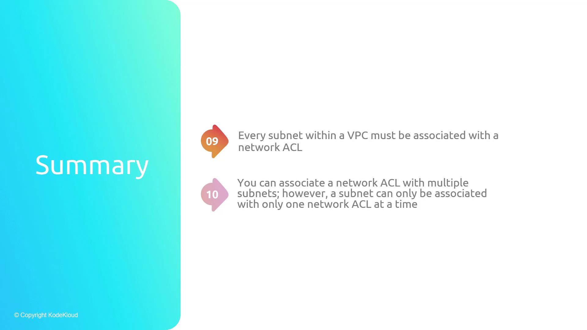 A presentation slide with a turquoise left panel labeled "Summary" and two numbered points on the right stating VPC network ACL rules: every subnet must be associated with a network ACL, and while an ACL can cover multiple subnets, a subnet can be associated with only one ACL at a time.