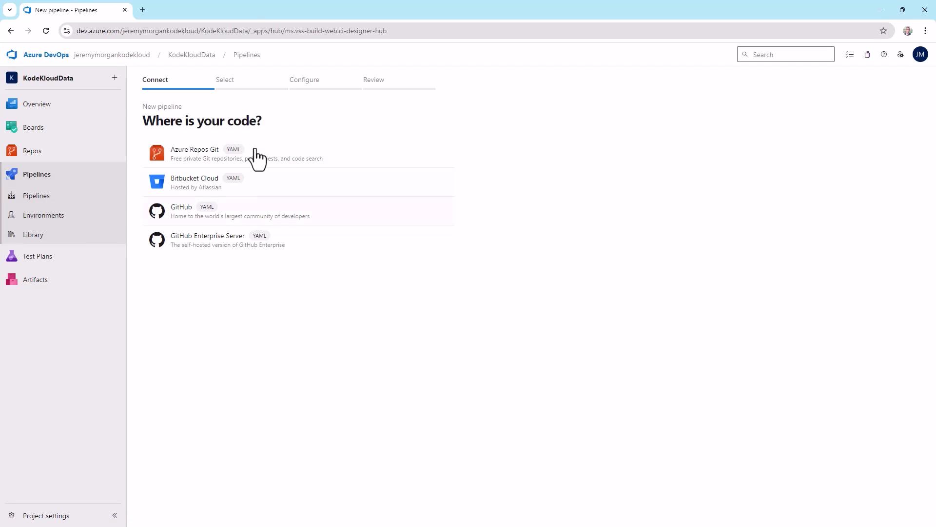A screenshot of the Azure DevOps "New pipeline" page asking "Where is your code?" with options like Azure Repos Git, Bitbucket Cloud, GitHub, and GitHub Enterprise Server shown. The left sidebar shows a project named KodeKloudData and pipeline-related navigation.