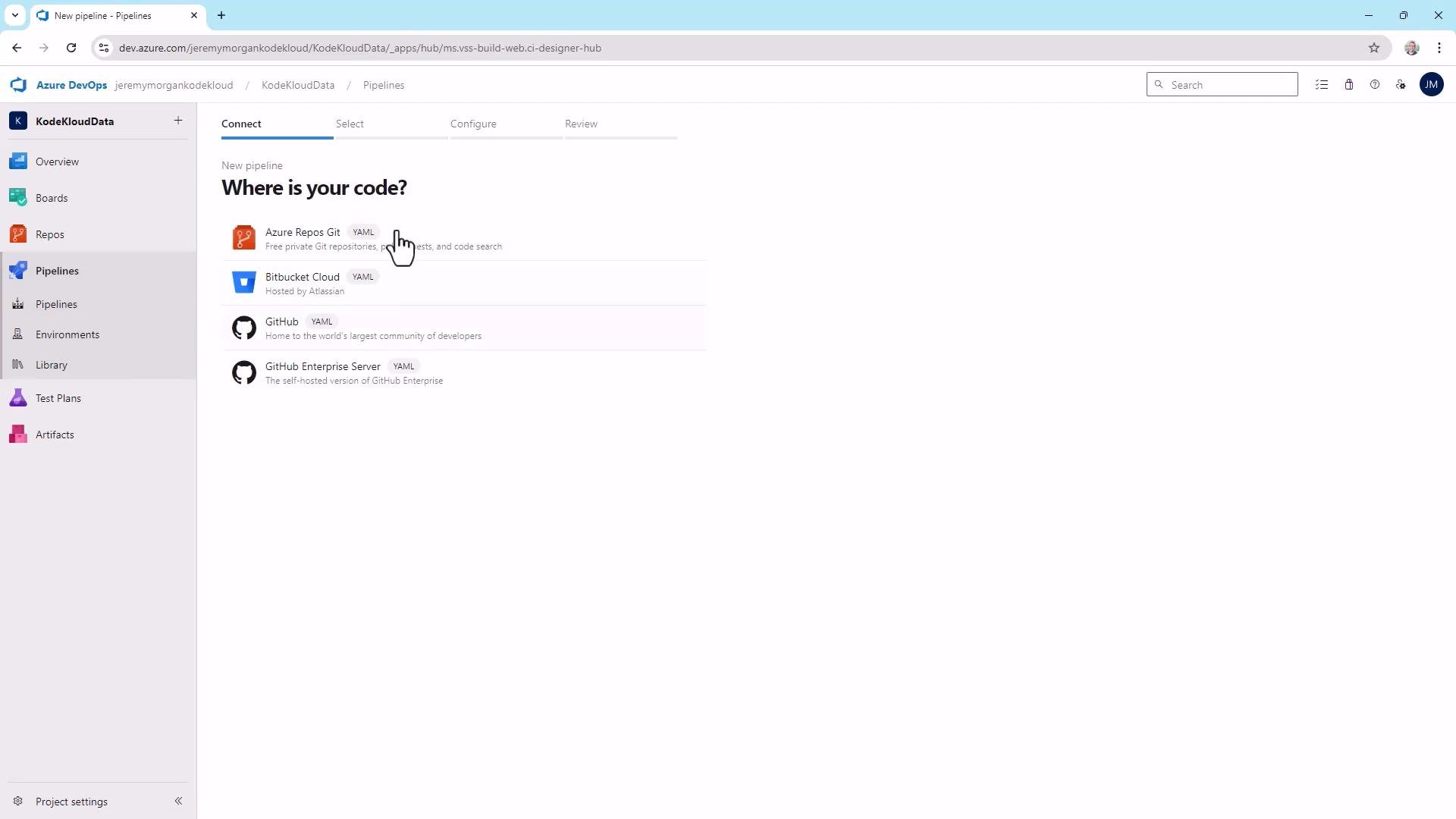 A screenshot of the Azure DevOps "New pipeline" page asking "Where is your code?" with options like Azure Repos Git, Bitbucket Cloud, GitHub, and GitHub Enterprise Server shown. The left sidebar shows a project named KodeKloudData and pipeline-related navigation.
