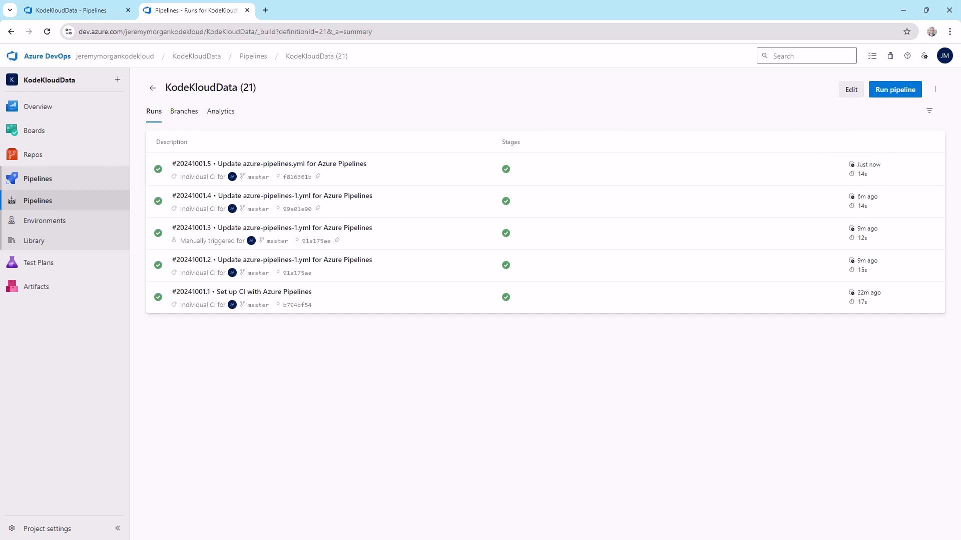 A screenshot of an Azure DevOps Pipelines page for the "KodeKloudData" project showing a list of recent pipeline runs with green check marks indicating successful builds. The left sidebar shows navigation items like Overview, Boards, Repos, Pipelines, and Artifacts.