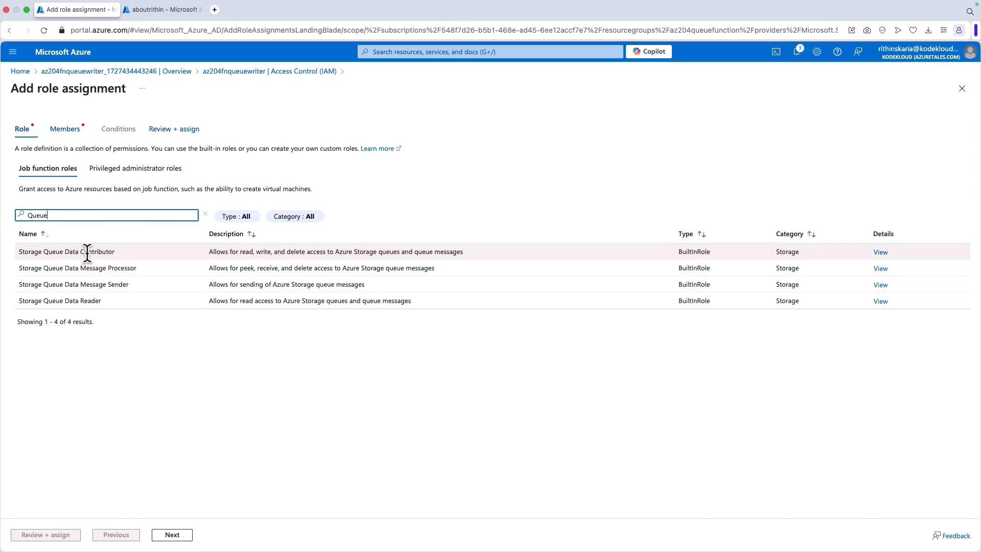 Screenshot of the Microsoft Azure "Add role assignment" page. It shows job function roles filtered for "Queue" and lists four built-in Storage Queue roles (Data Contributor, Data Message Processor, Data Message Sender, Data Reader) with descriptions and View links.