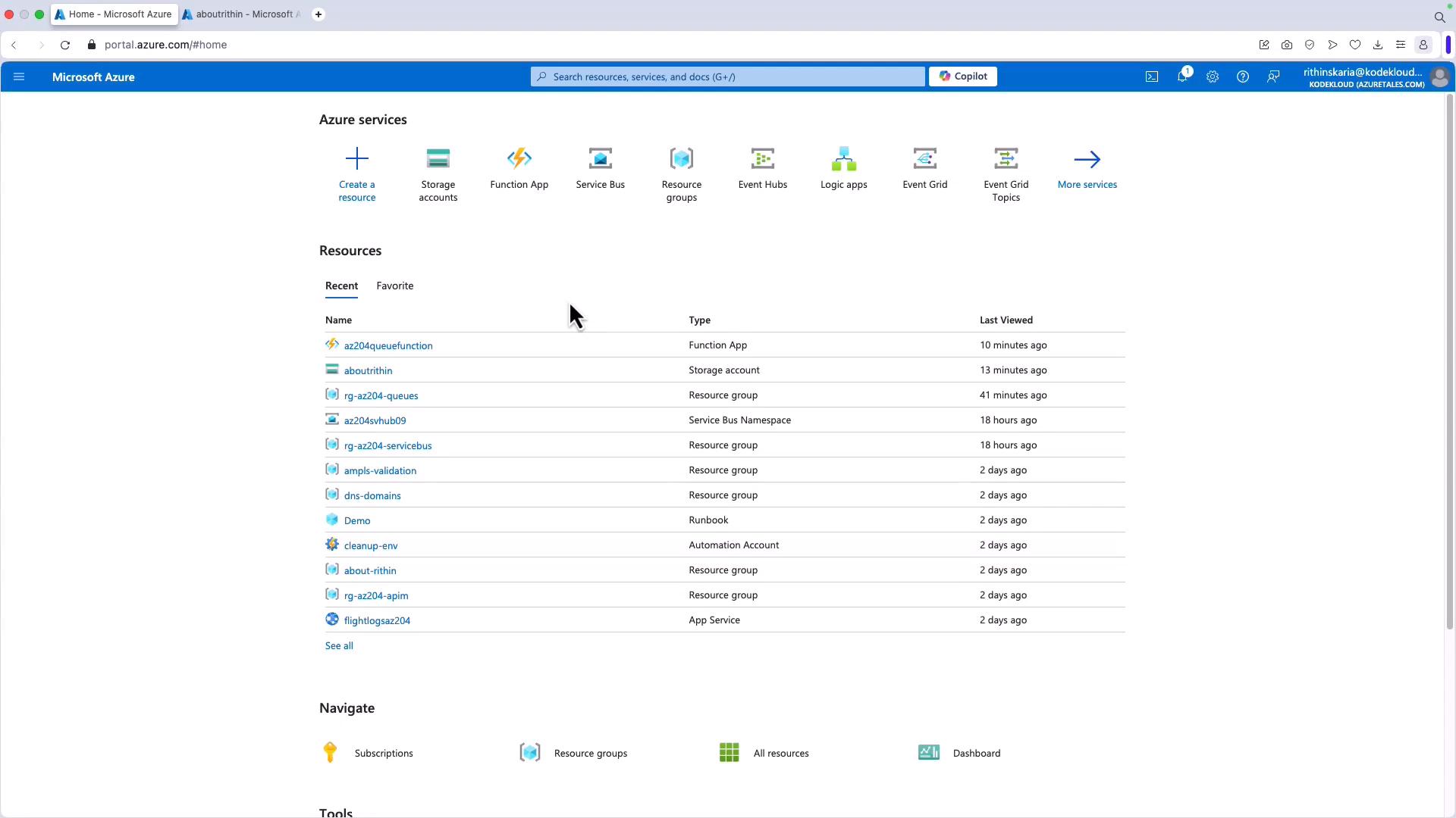 A screenshot of the Microsoft Azure portal home page showing service icons across the top (Create a resource, Storage accounts, Function App, etc.) and a table of recent resources with names, types, and last viewed times. The left/right panels show navigation and tools links.