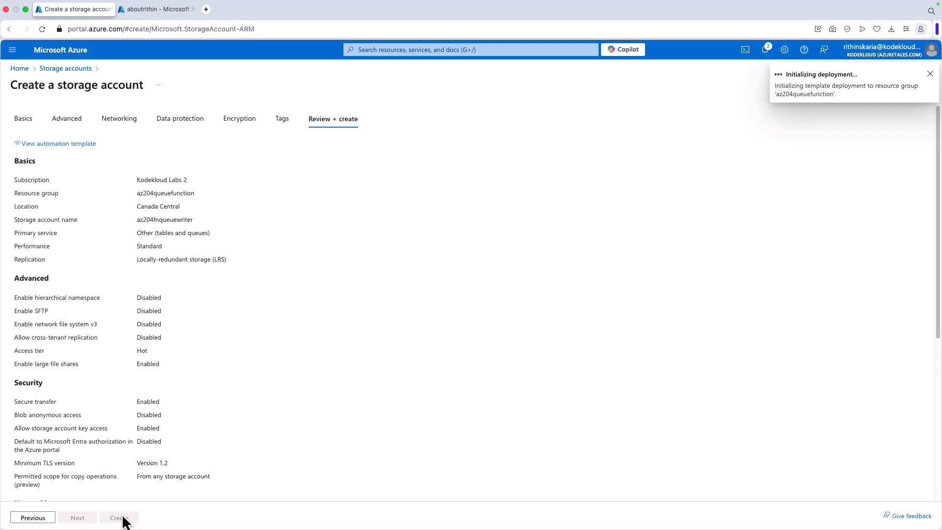 A screenshot of the Microsoft Azure portal on the "Create a storage account" Review + create page showing Basics and Advanced settings (subscription, resource group, location, etc.). A notification in the top-right reads "Initializing deployment..." and the cursor is hovering over the Create button.