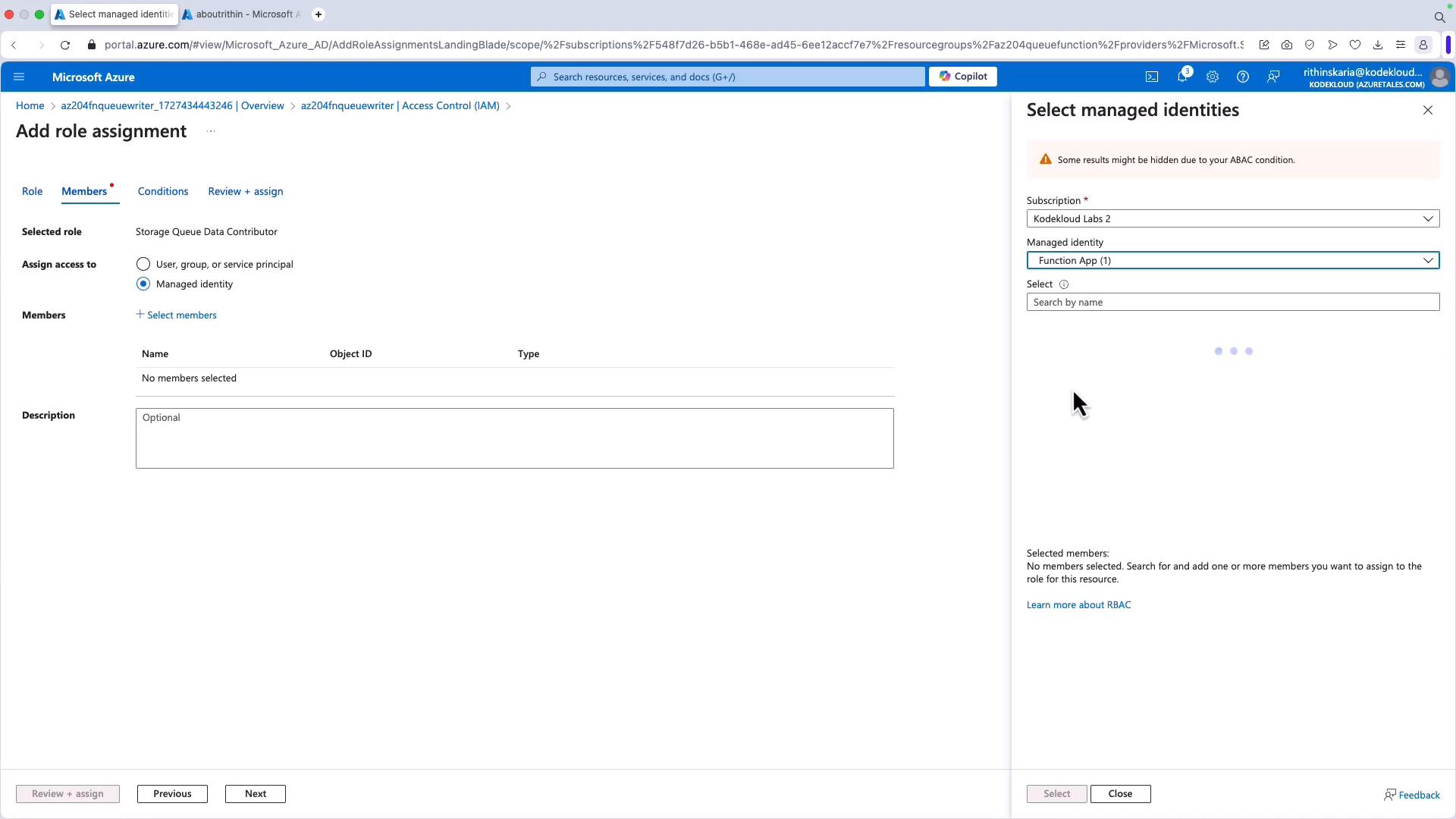 Screenshot of the Microsoft Azure portal's "Add role assignment" (Access Control/IAM) page. It shows assigning the "Storage Queue Data Contributor" role to a managed identity, with a right-hand pane for selecting a Function App managed identity.