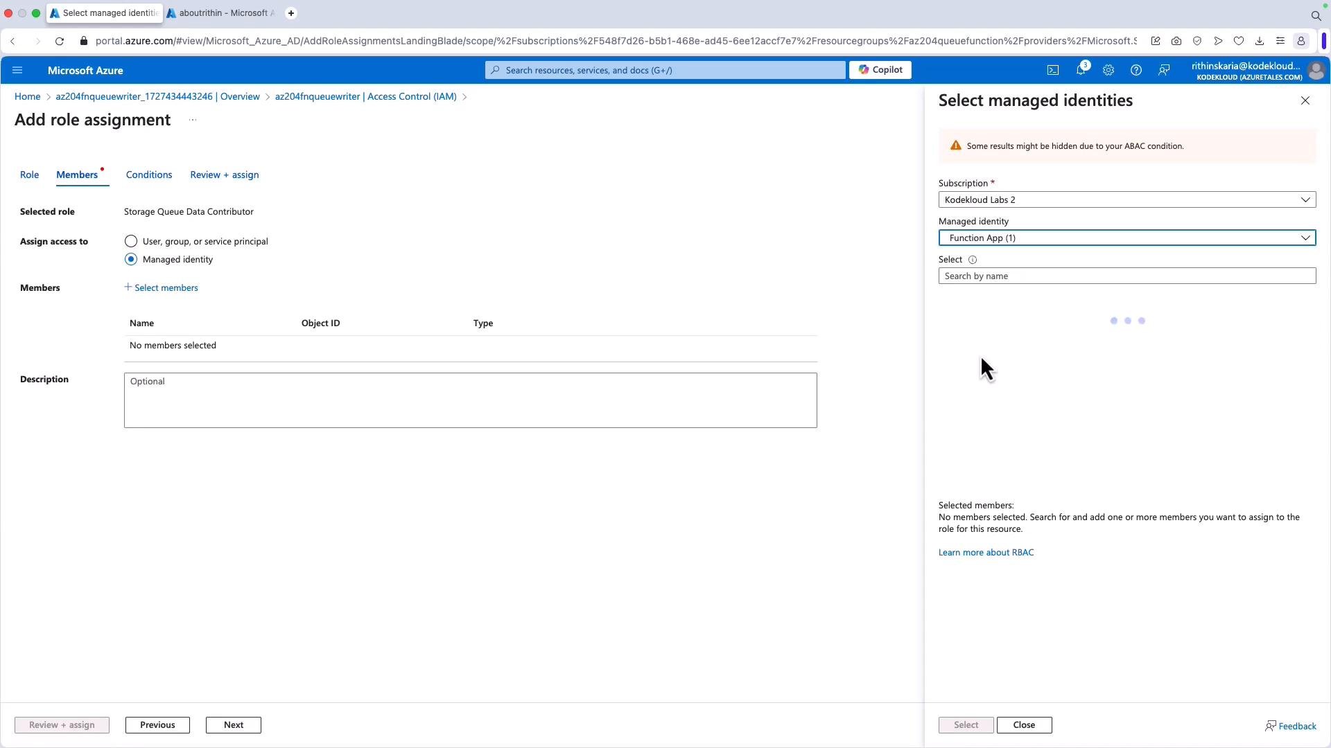 Screenshot of the Microsoft Azure portal's "Add role assignment" (Access Control/IAM) page. It shows assigning the "Storage Queue Data Contributor" role to a managed identity, with a right-hand pane for selecting a Function App managed identity.