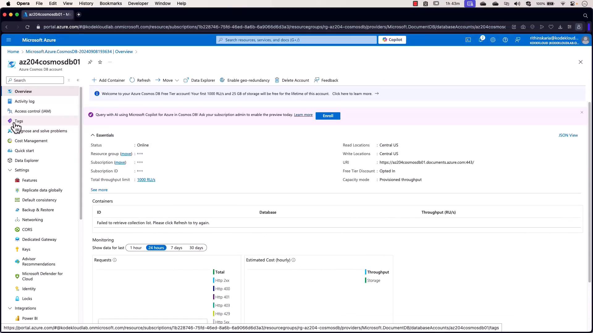 A screenshot of the Microsoft Azure portal showing the Overview page for an Azure Cosmos DB account named "az204cosmosdb01." The page displays account essentials (status, read/write locations, throughput), monitoring charts, and a left-hand navigation menu with options like Activity log, Tags, and Data Explorer.
