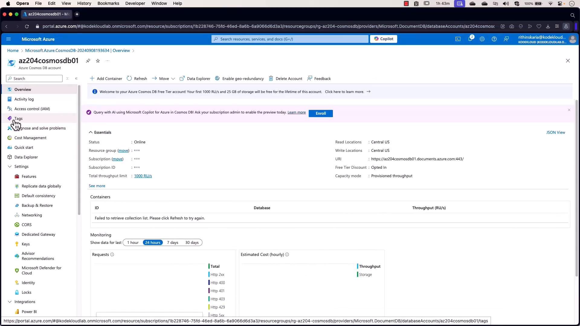 A screenshot of the Microsoft Azure portal showing the Overview page for an Azure Cosmos DB account named "az204cosmosdb01." The page displays account essentials (status, read/write locations, throughput), monitoring charts, and a left-hand navigation menu with options like Activity log, Tags, and Data Explorer.
