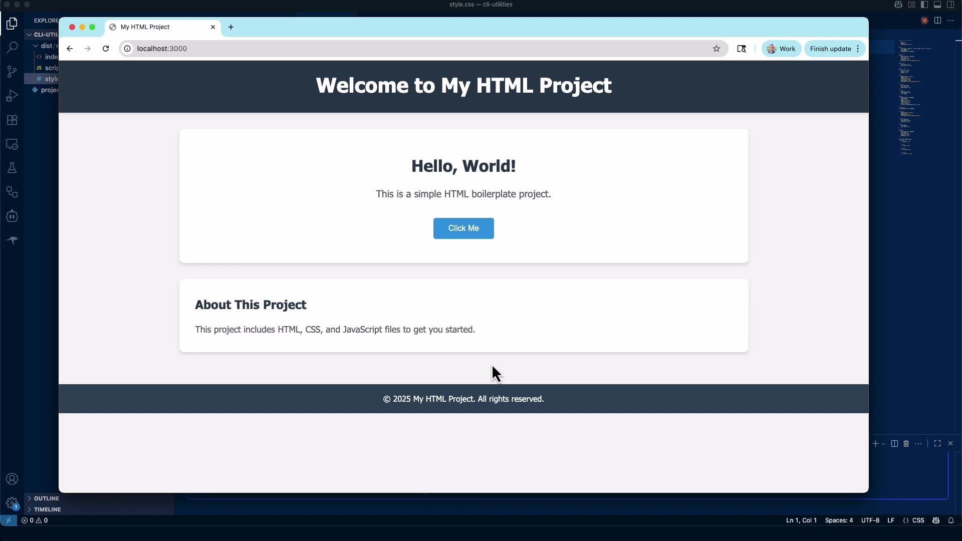 A browser screenshot showing a "Welcome to My HTML Project" page with a large "Hello, World!" card, a "Click Me" button, and an "About This Project" section. The page is displayed over a code editor workspace in the background.