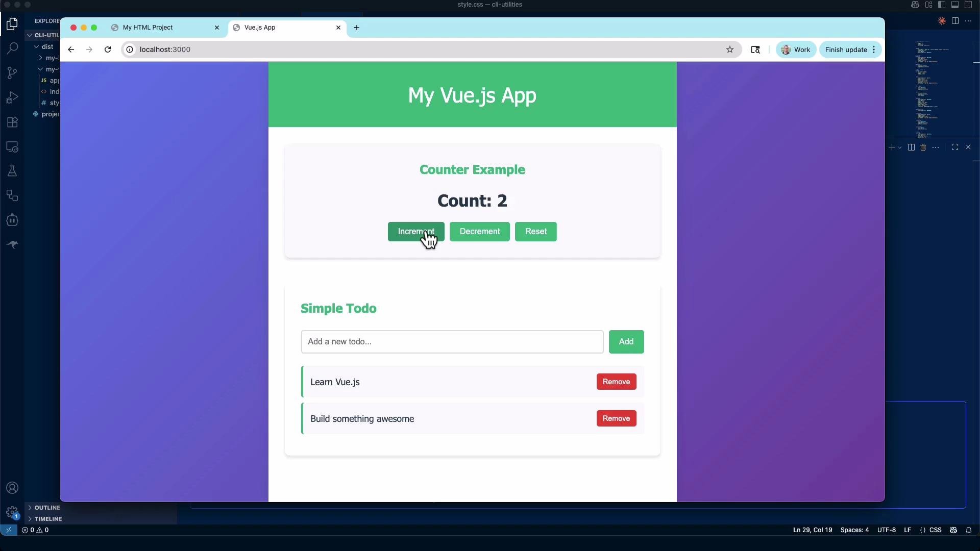 A browser screenshot of a "My Vue.js App" page showing a "Counter Example" (Count: 2) with Increment/Decrement/Reset buttons and a "Simple Todo" section containing an input, Add button, and two todo items each with Remove buttons.